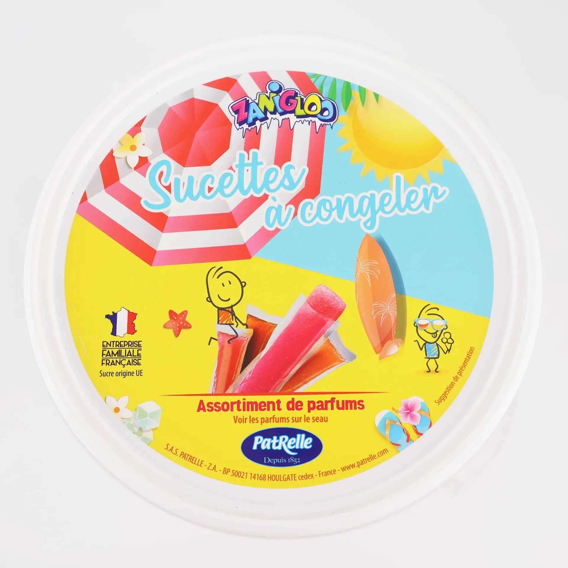 Vue de dessus du couvercle jaune du seau de sucettes à congeler Zanigloo avec logo Patrelle.