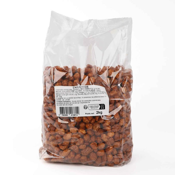 Grand sachet transparent de 2 kg de Chouchou du chaudron rempli de cacahuètes caramélisées.
