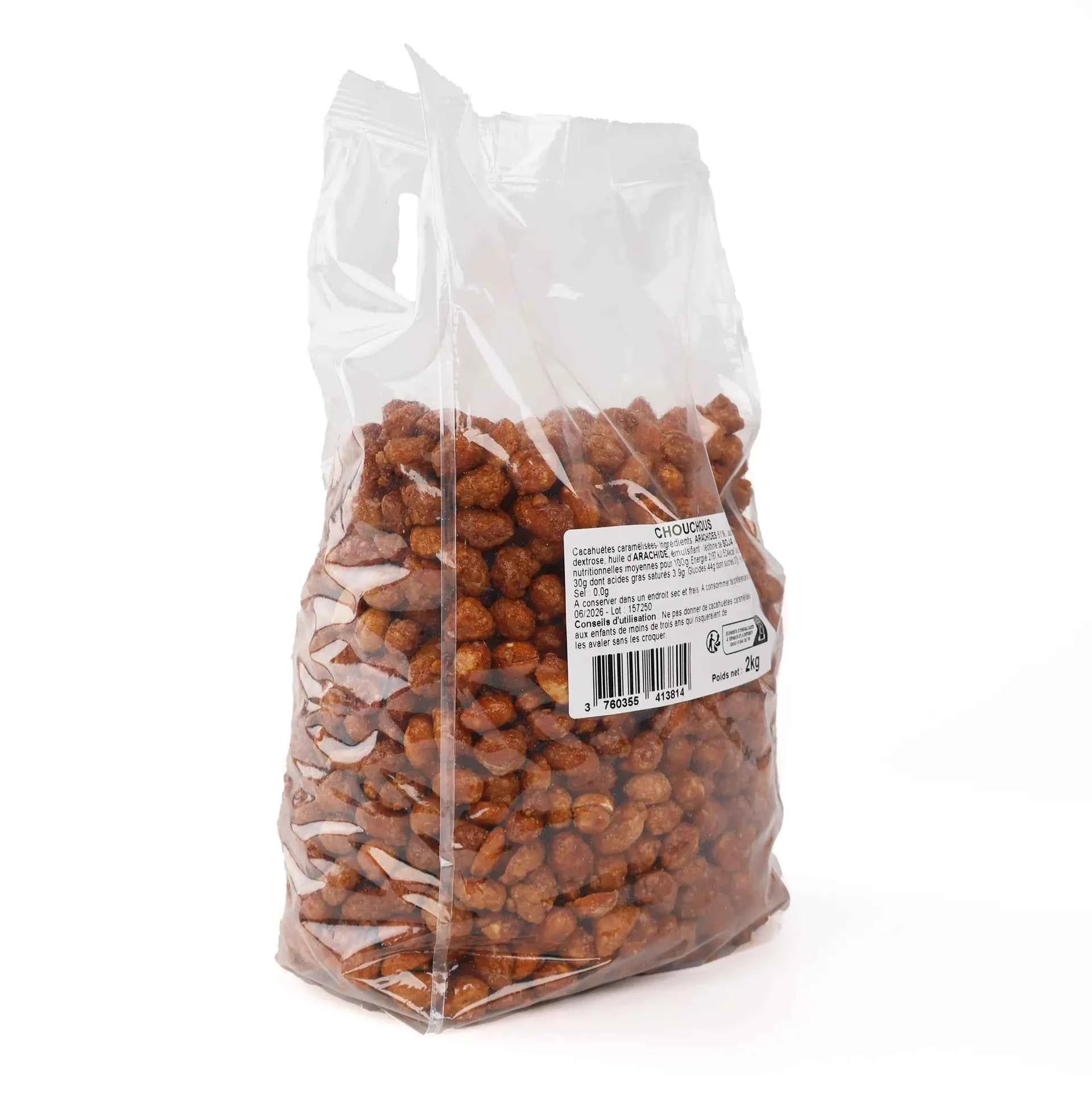 Vue de profil du sachet vrac de 2 kg des chouchous.