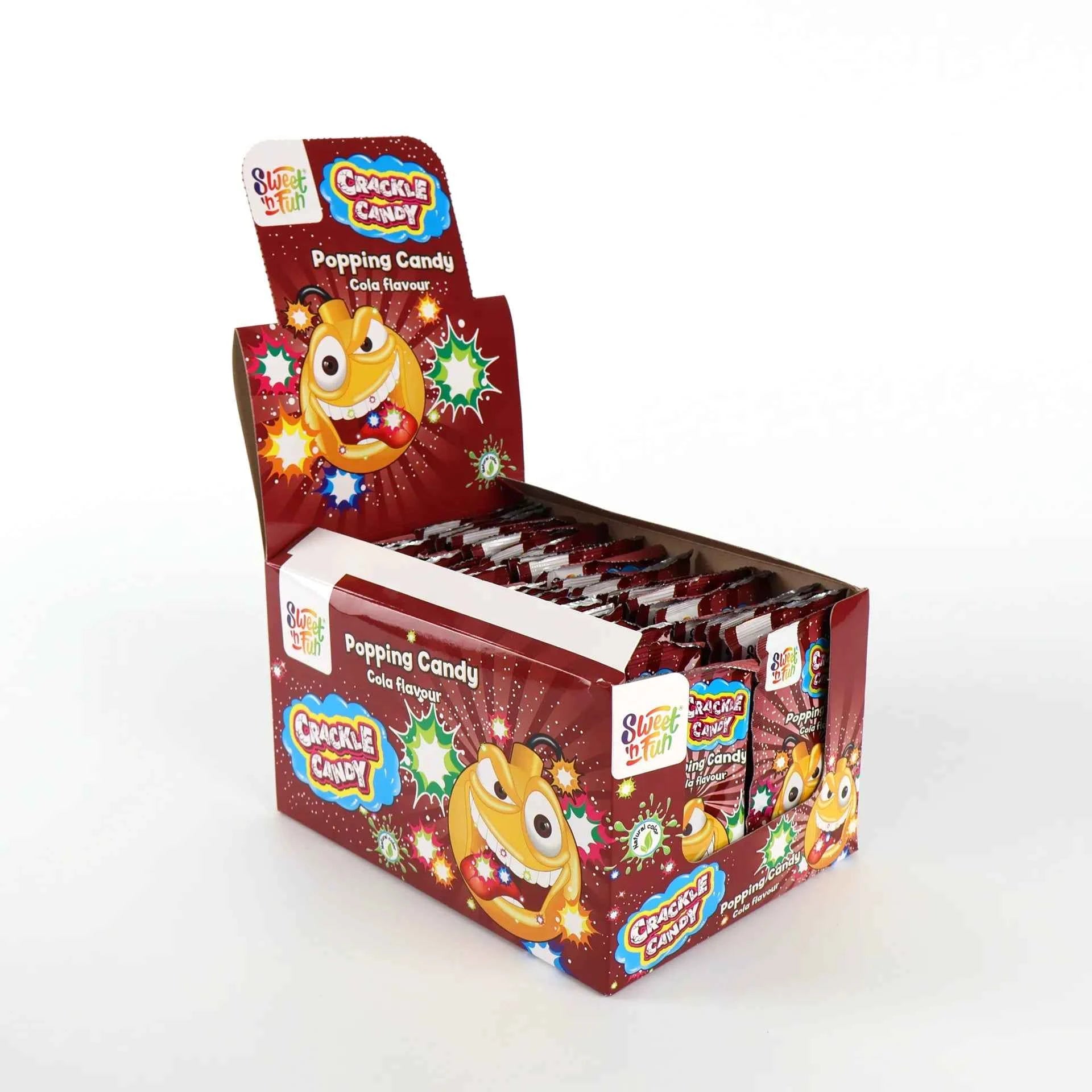 Boîte présentoir de 50 sachets de Crackle Candy Cola Popping Candy avec illustration de personnage souriant.