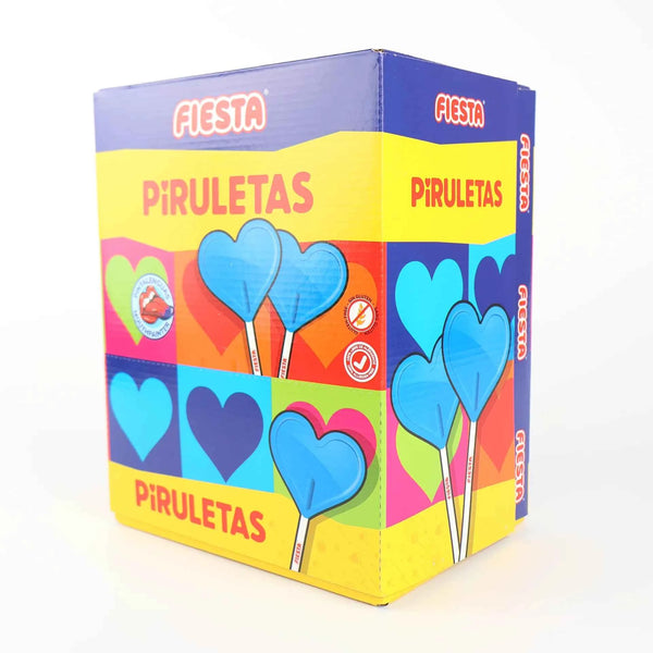 Boîte de présentation Fiesta Piruletas goût mûre illustrée de sucettes en forme de cœur bleu.