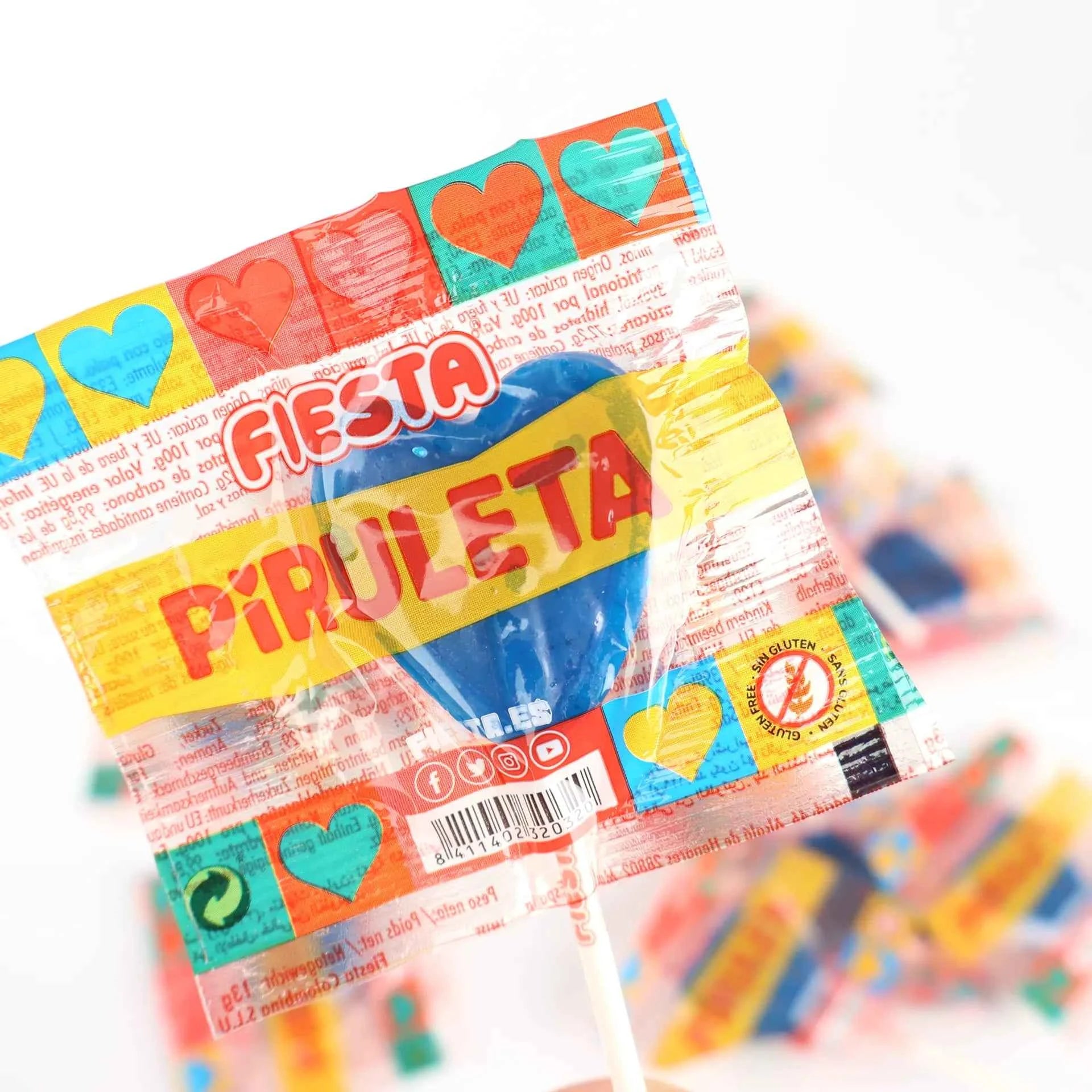 Emballage individuel transparent d'une sucette Fiesta Piruletas cœur mûre.