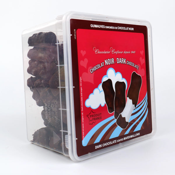 Boîte transparente d'oursons guimauve enrobés de chocolat noir avec étiquette rouge illustrant trois oursons.