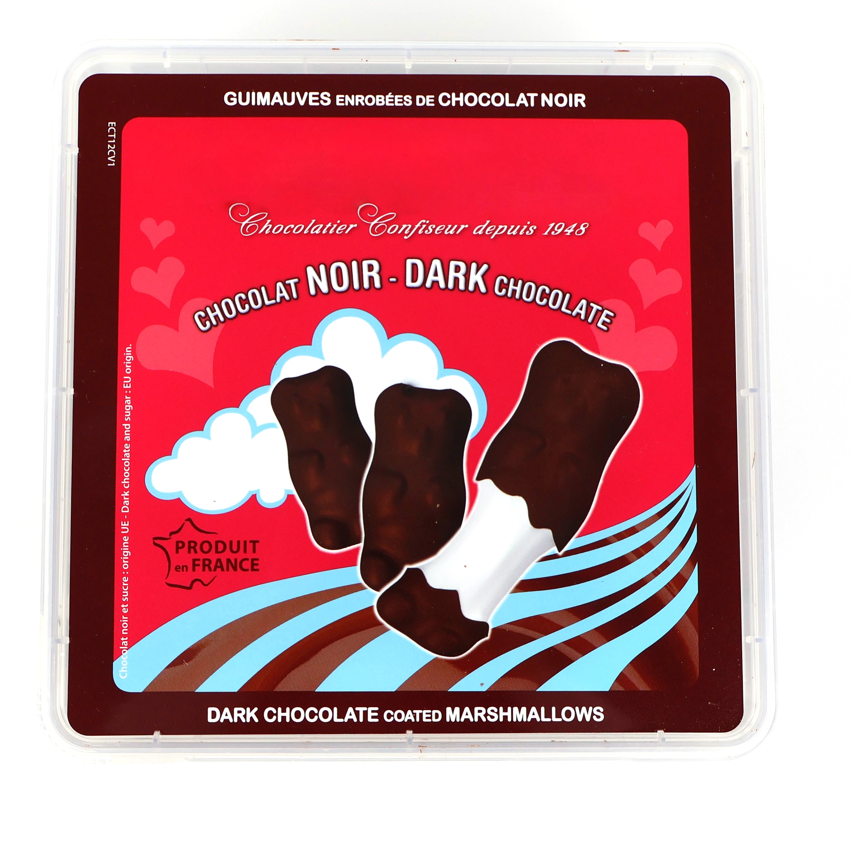 Zoom sur l'étiquette rouge présentant trois oursons et la mention Chocolate Noir Dark Chocolate.
