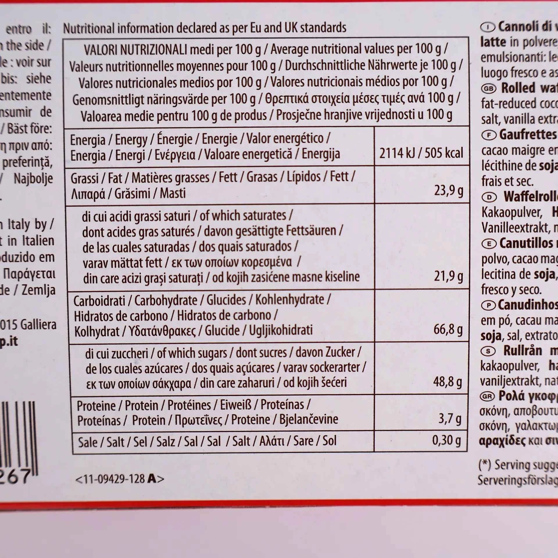 Zoom sur le tableau nutritionnel des Rolls Break Noisette.