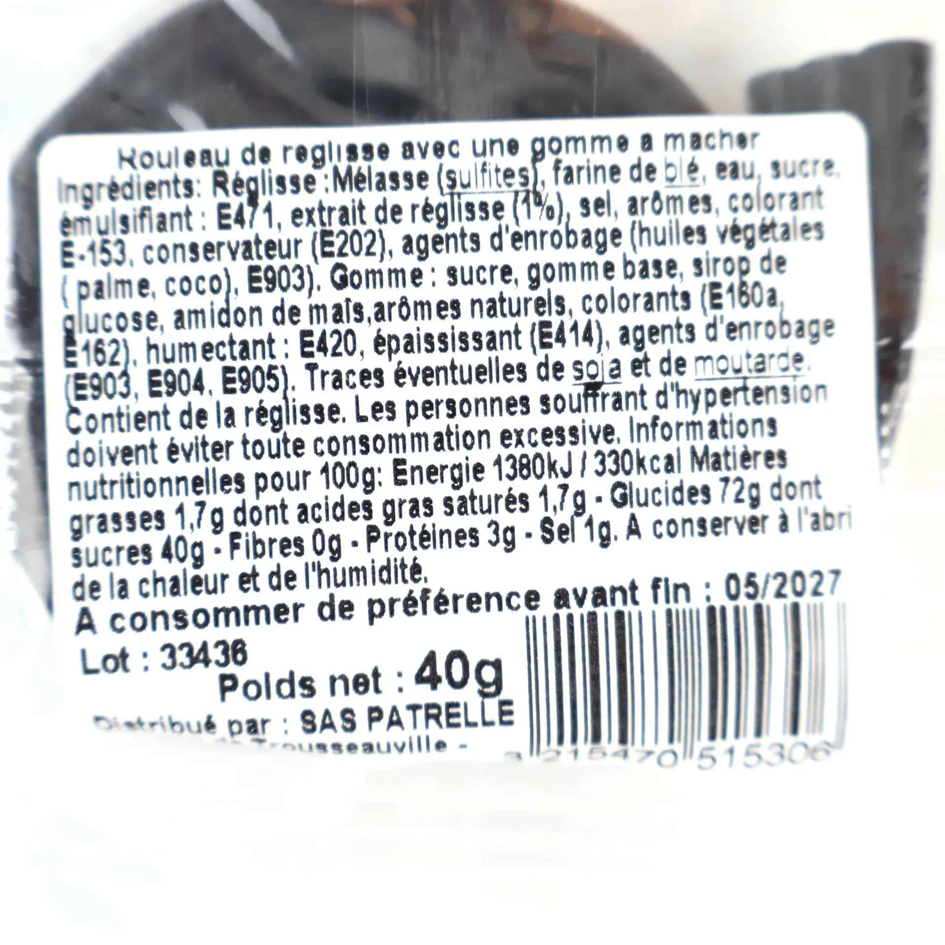 Zoom sur l'étiquette arrière d'un sachet de 40g détaillant la composition et les informations nutritionnelles.