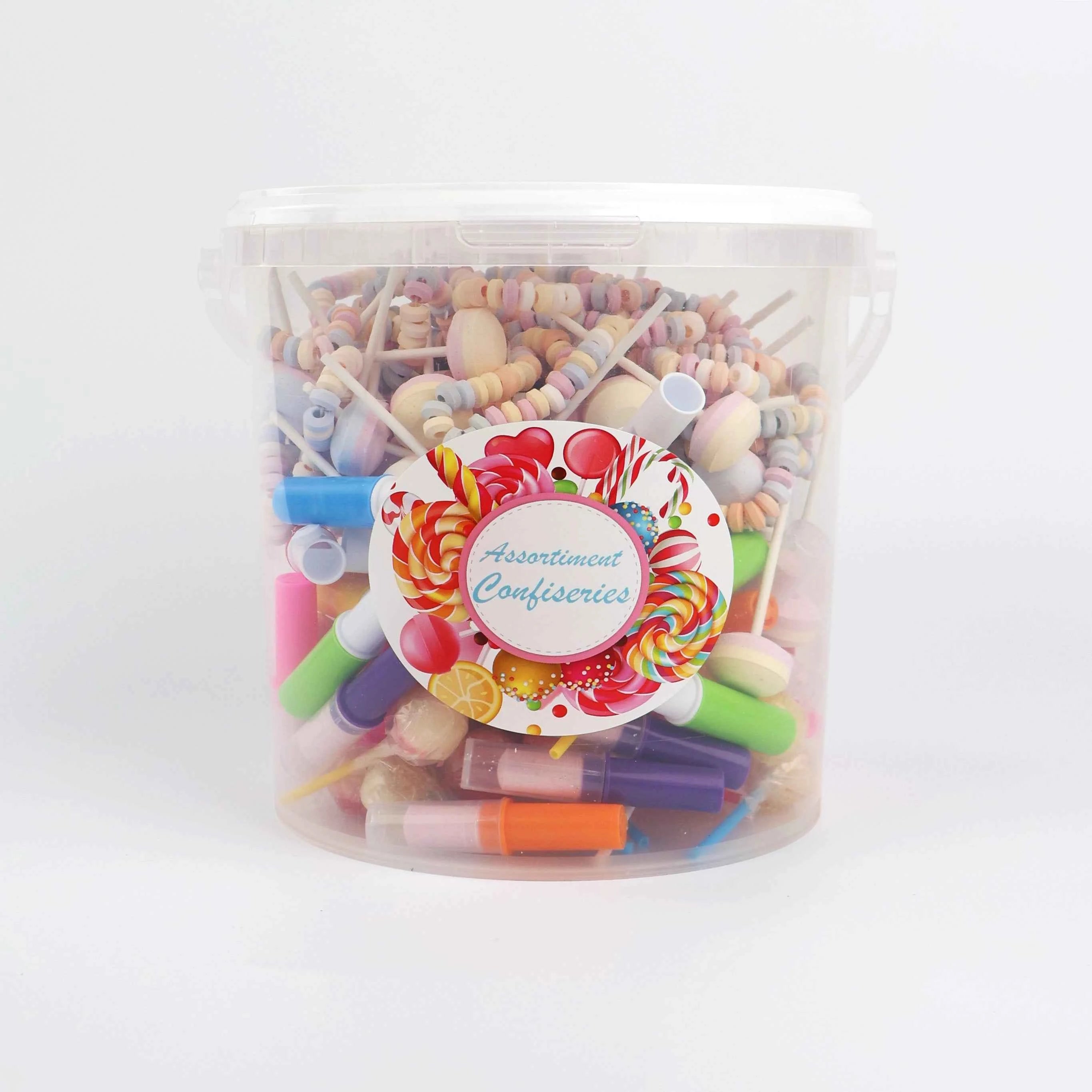 Seau en plastique refermable contenant 1,27kg de confiseries variées, sucettes et colliers de dextrose.