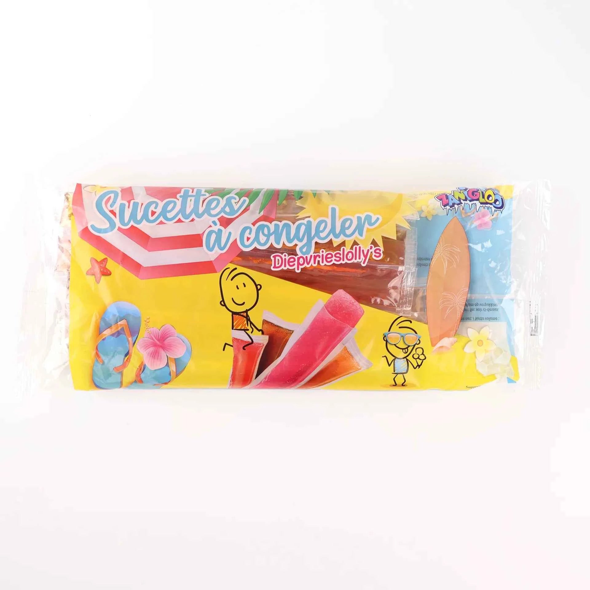 Sachet de 20 bâtonnets à glacer Zanigloo avec illustrations de plage, parasol et tongs.