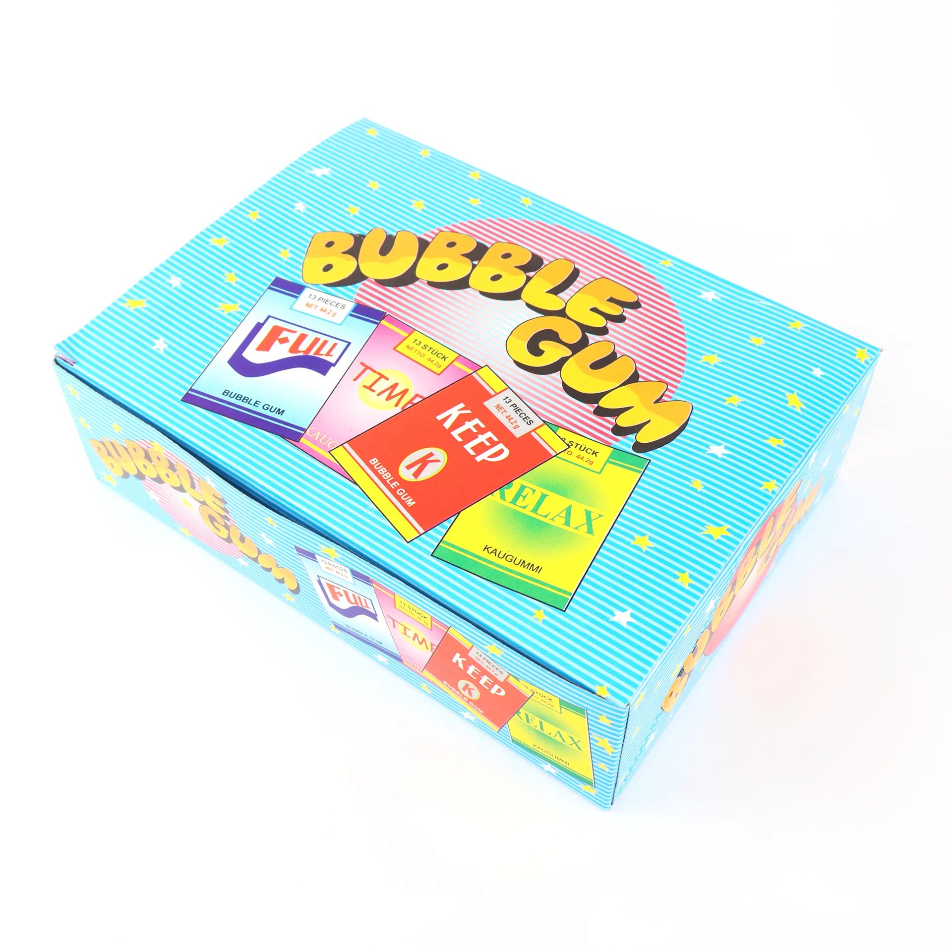 Boîte bleue de Bubble Gum classique contenant 24 petits paquets colorés assortis.