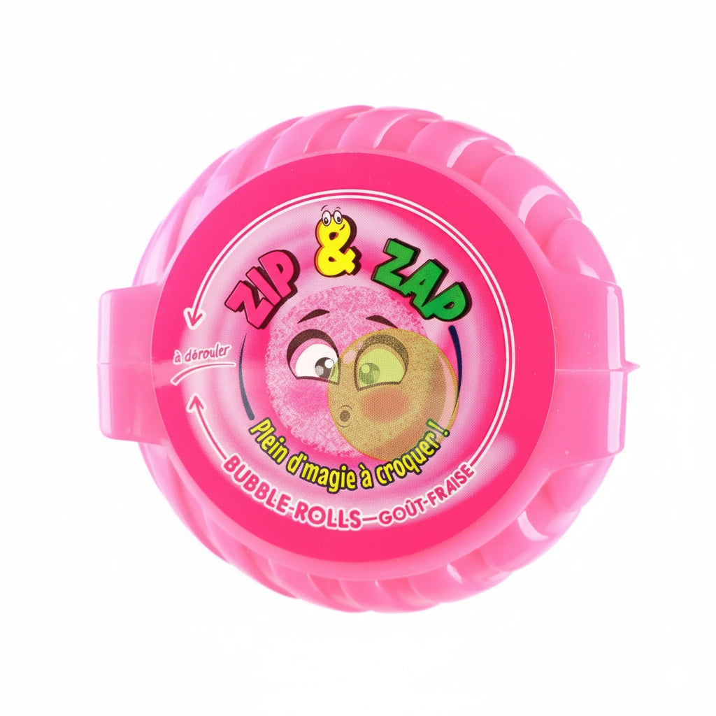 Boîtier rond rose de chewing-gum à dérouler avec logo Zip & Zap