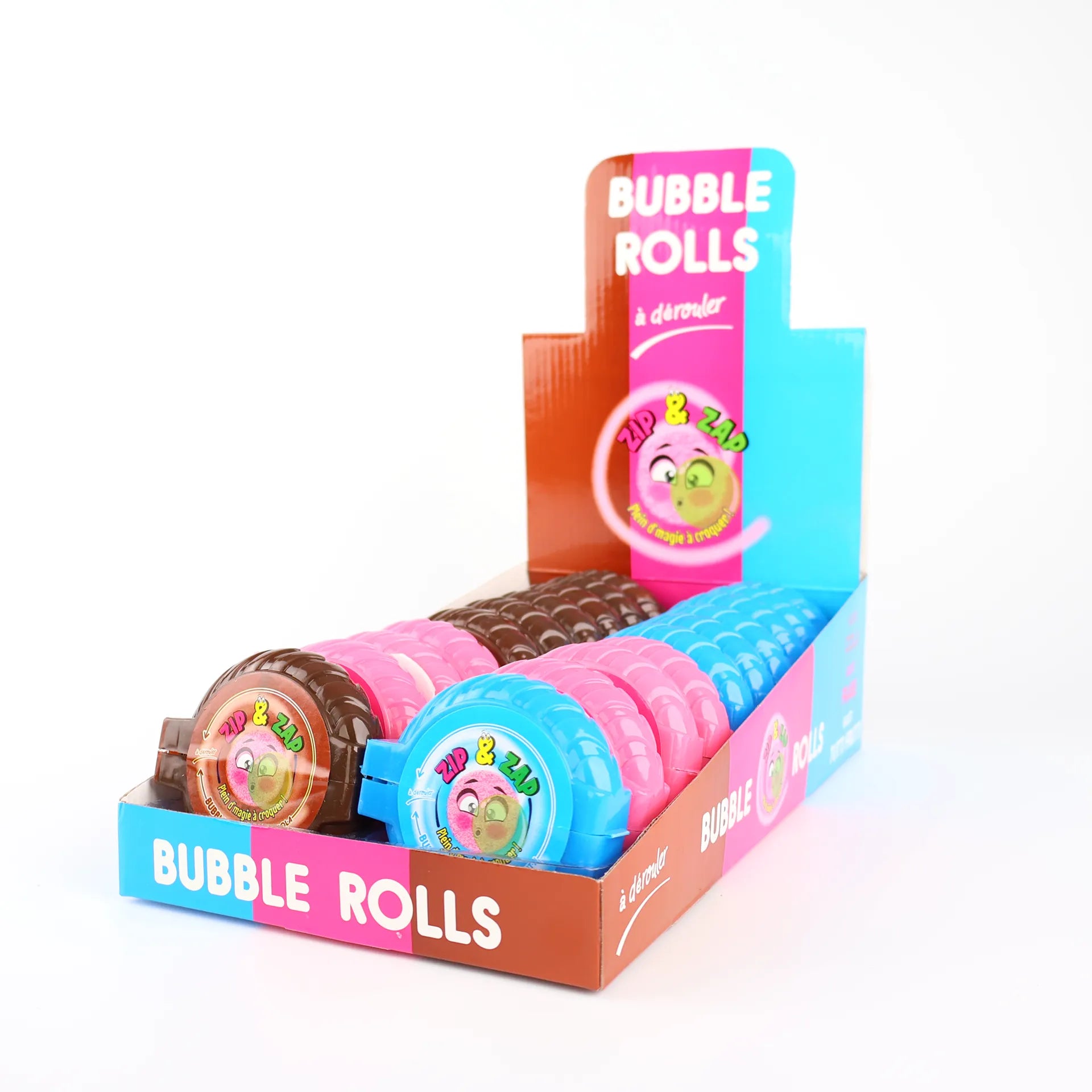 Boîte présentoir de 20 rouleaux de chewing-gum Bubble Rolls Zip & Zap aux boîtiers roses, bleus et marrons.