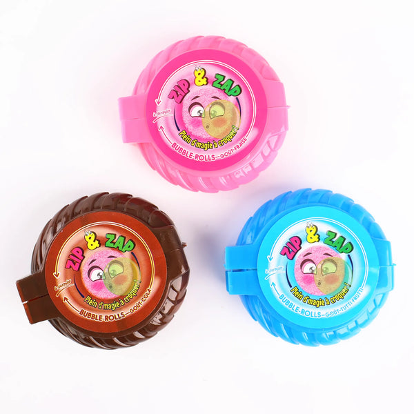 Trois formats de boîtiers Bubble Rolls de couleurs rose, bleue et marron présentés de face.