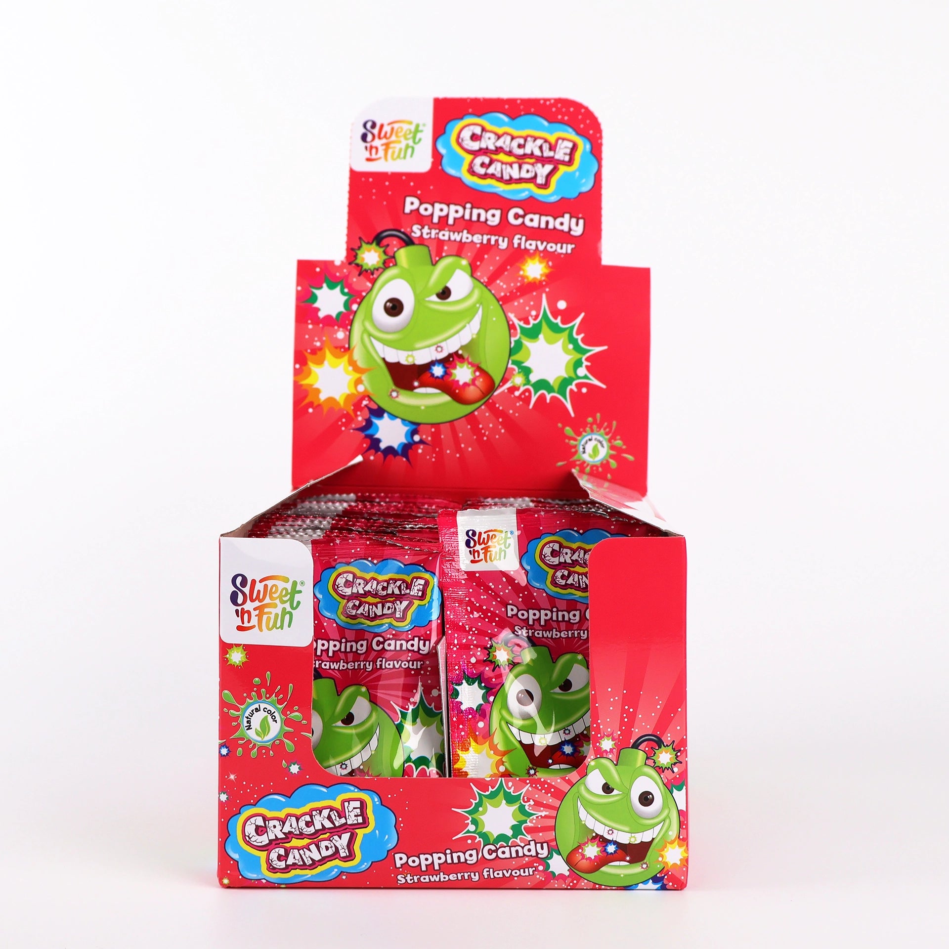 Boîte présentoir rouge de Crackle Candy Fraise Popping Candy avec illustration de personnage explosif.