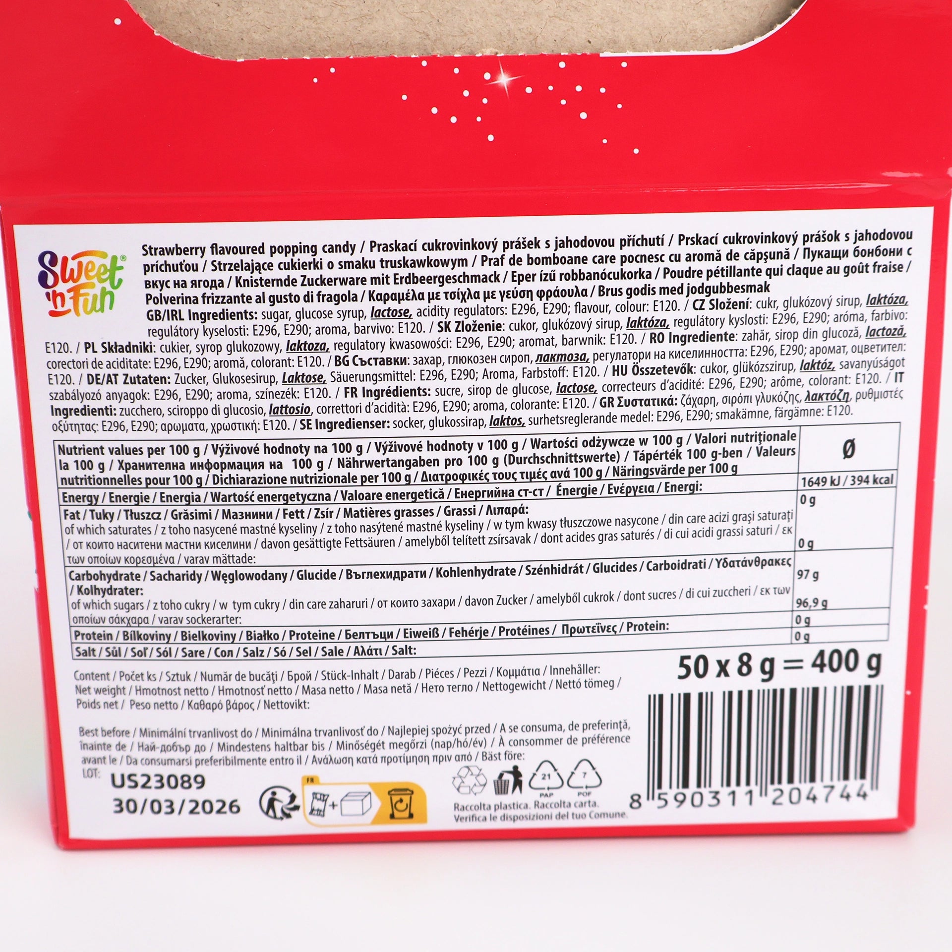 Détail de l'étiquette au dos de la boîte avec liste des ingrédients et valeurs nutritionnelles pour 100g.