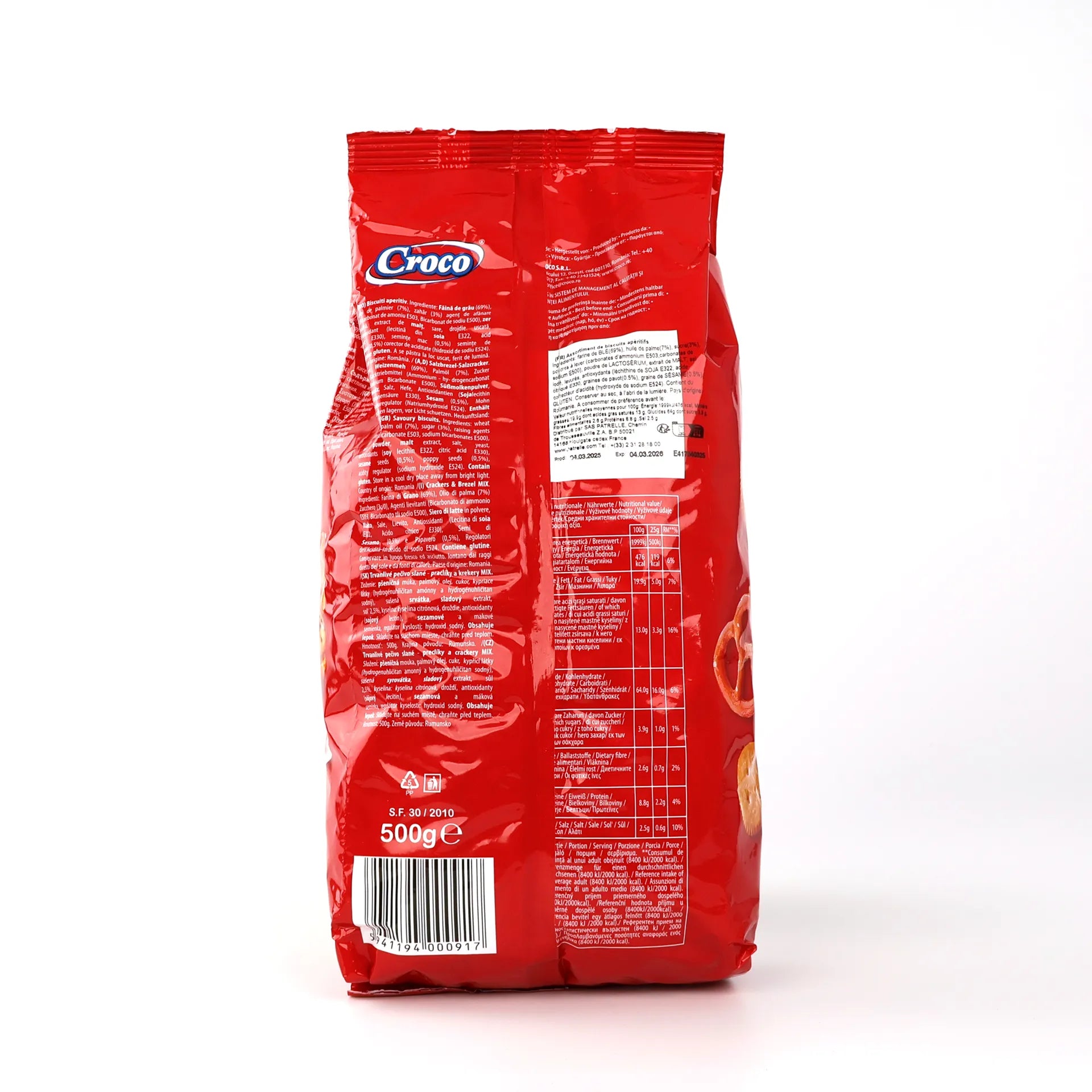 Vue de dos du sachet de 500g présentant les informations nutritionnelles et la liste des ingrédients.