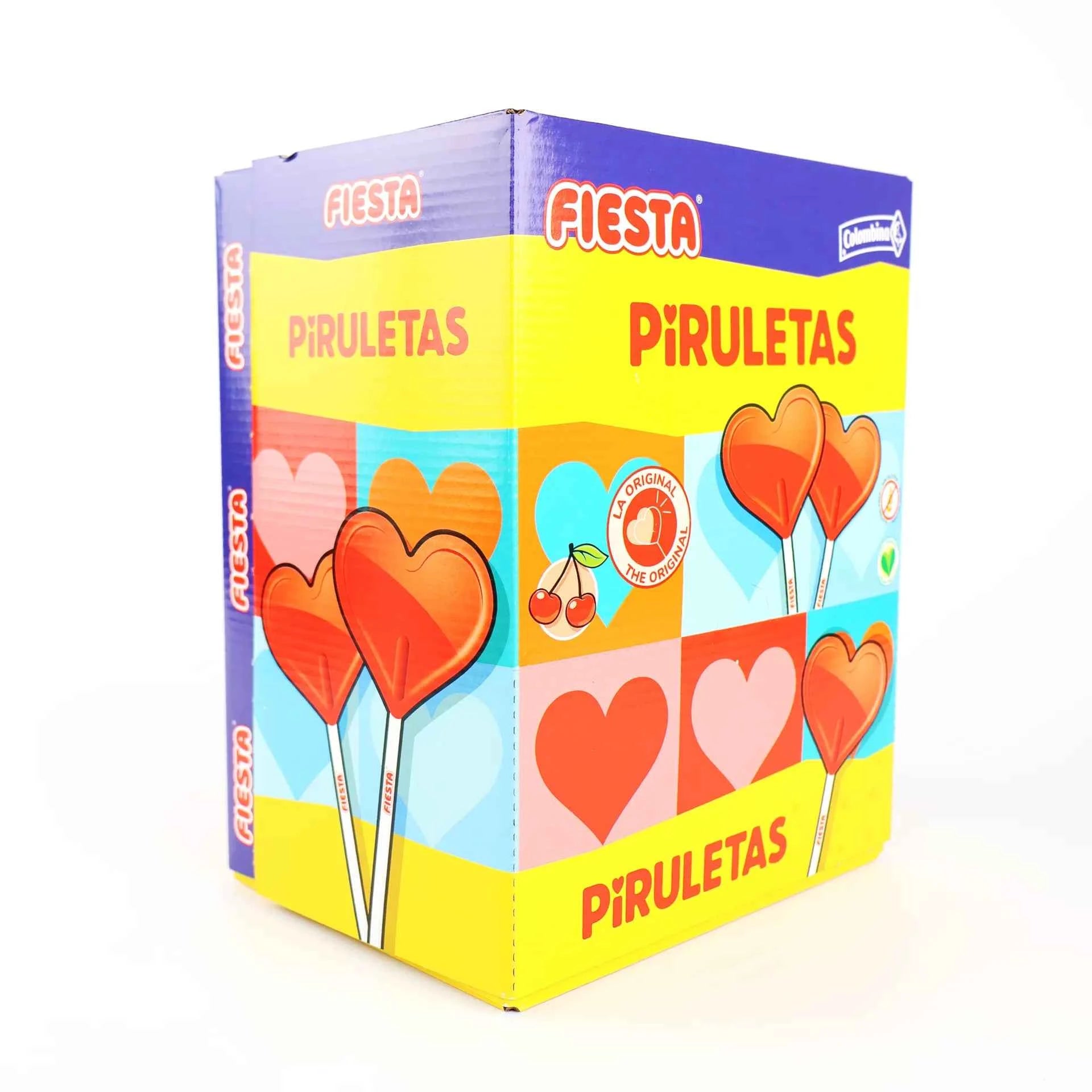 Boîte de présentation Fiesta Piruletas goût cerise illustrée de sucettes en forme de cœur rouge.