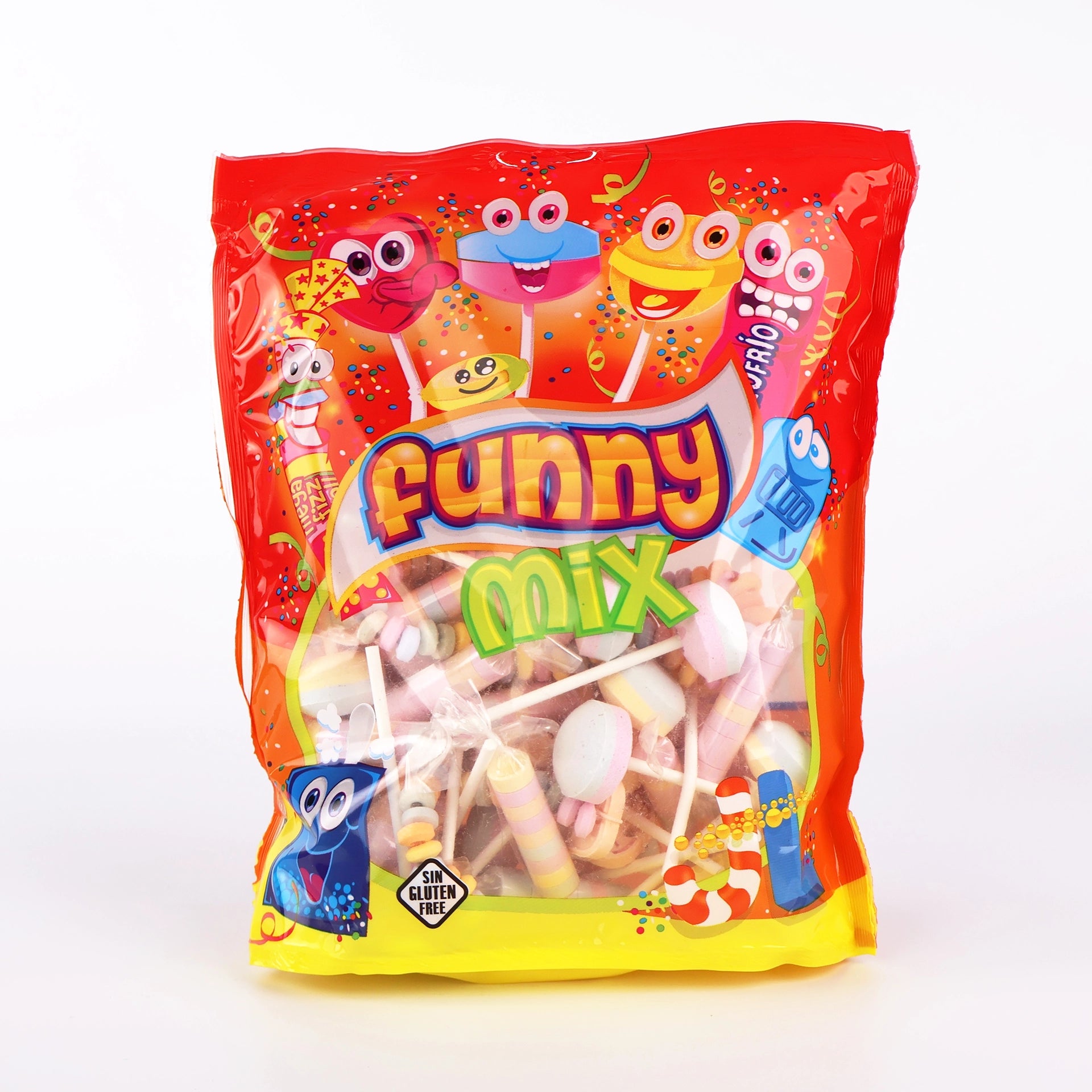 Sachet rouge Funny Mix contenant un assortiment de bonbons en dextrose, colliers et sucettes.
