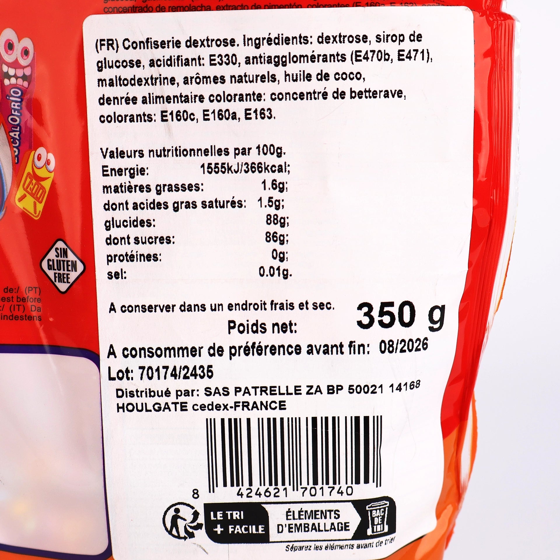 Zoom sur l'étiquette arrière du sachet Funny Mix avec valeurs nutritionnelles et poids net de 350g.