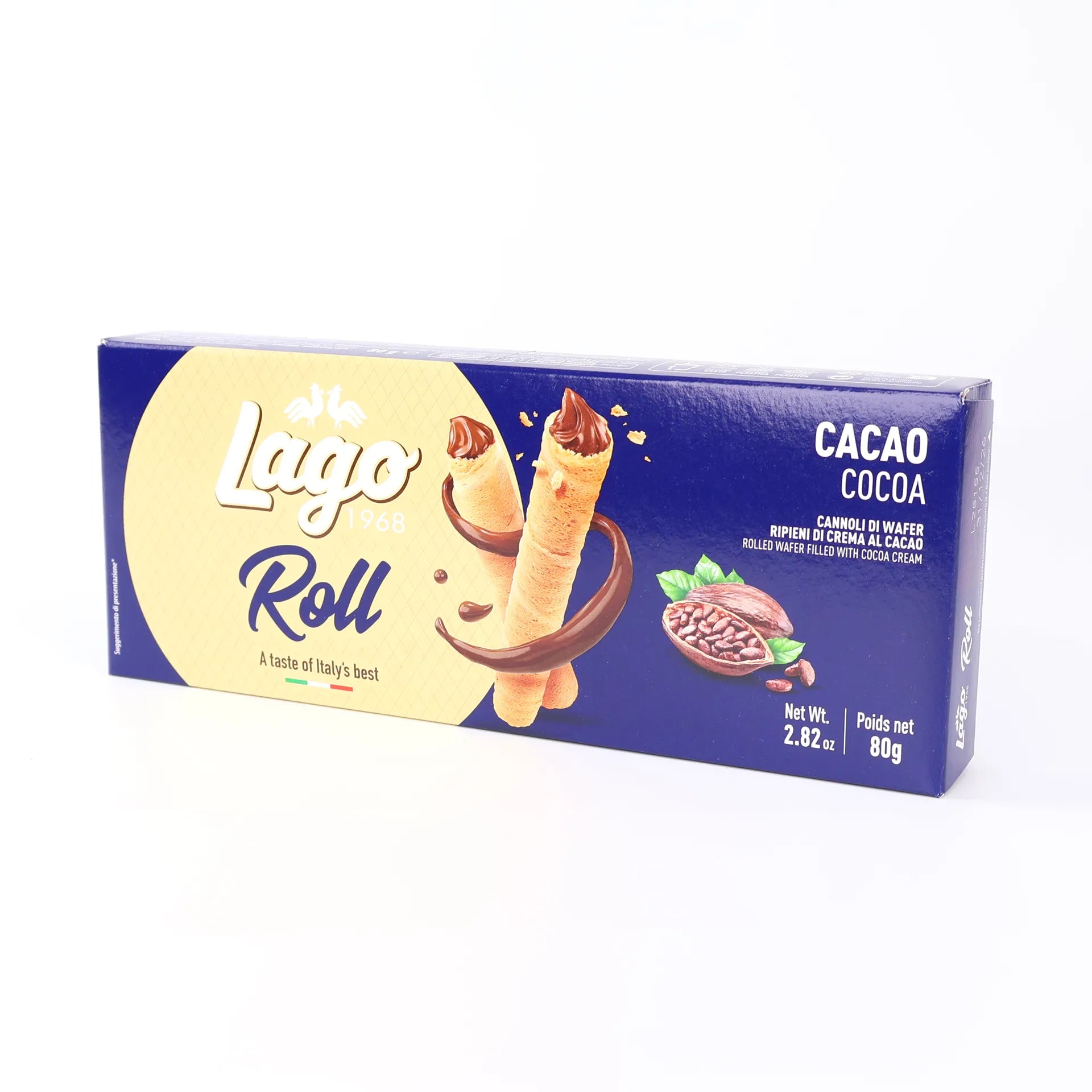 Paquet bleu de 80g de Rolls Break Lago, des biscuits gaufrettes croustillants en forme de tubes fourrés à la crème de cacao.