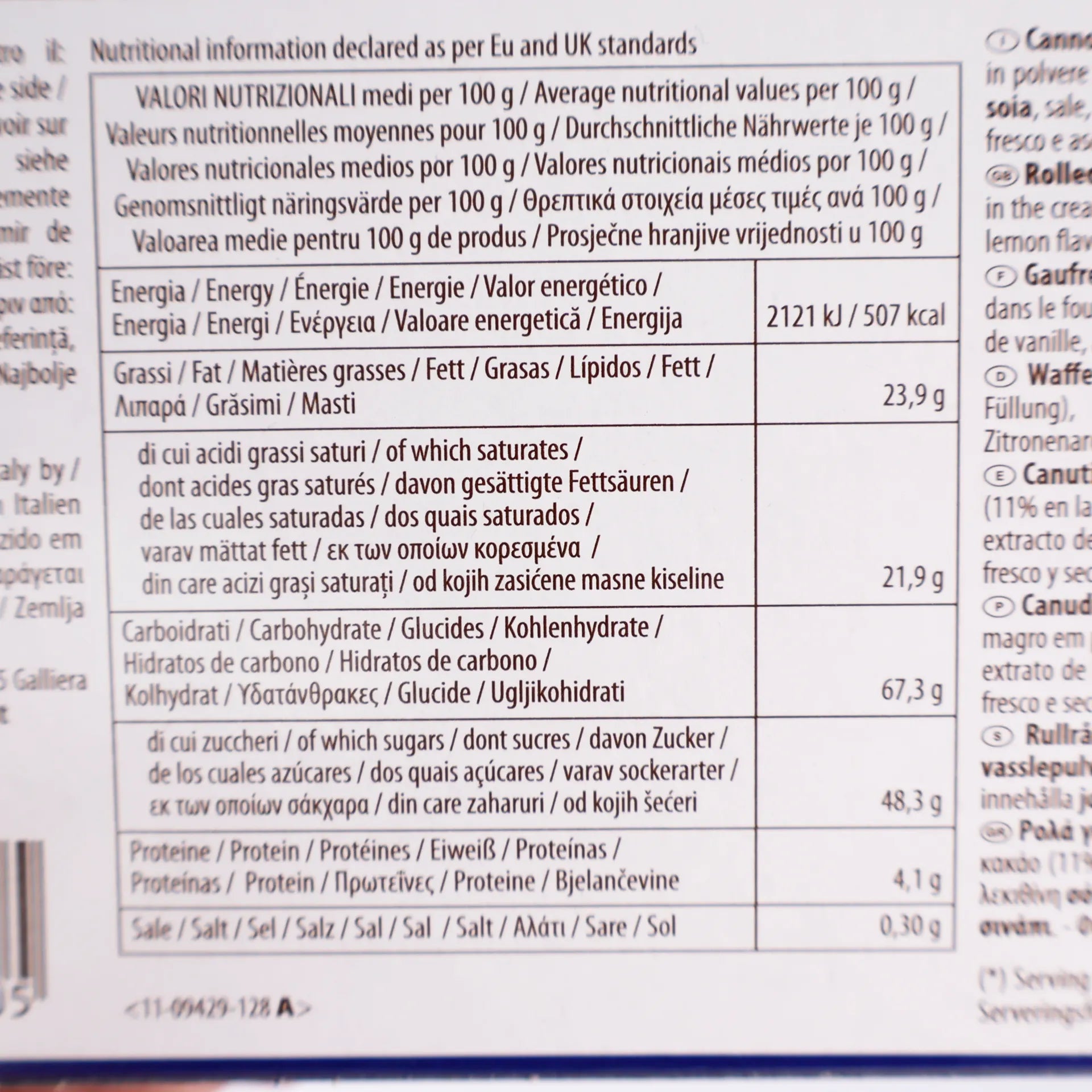 Zoom sur le tableau des valeurs nutritionnelles pour 100g des Rolls Break Lago.