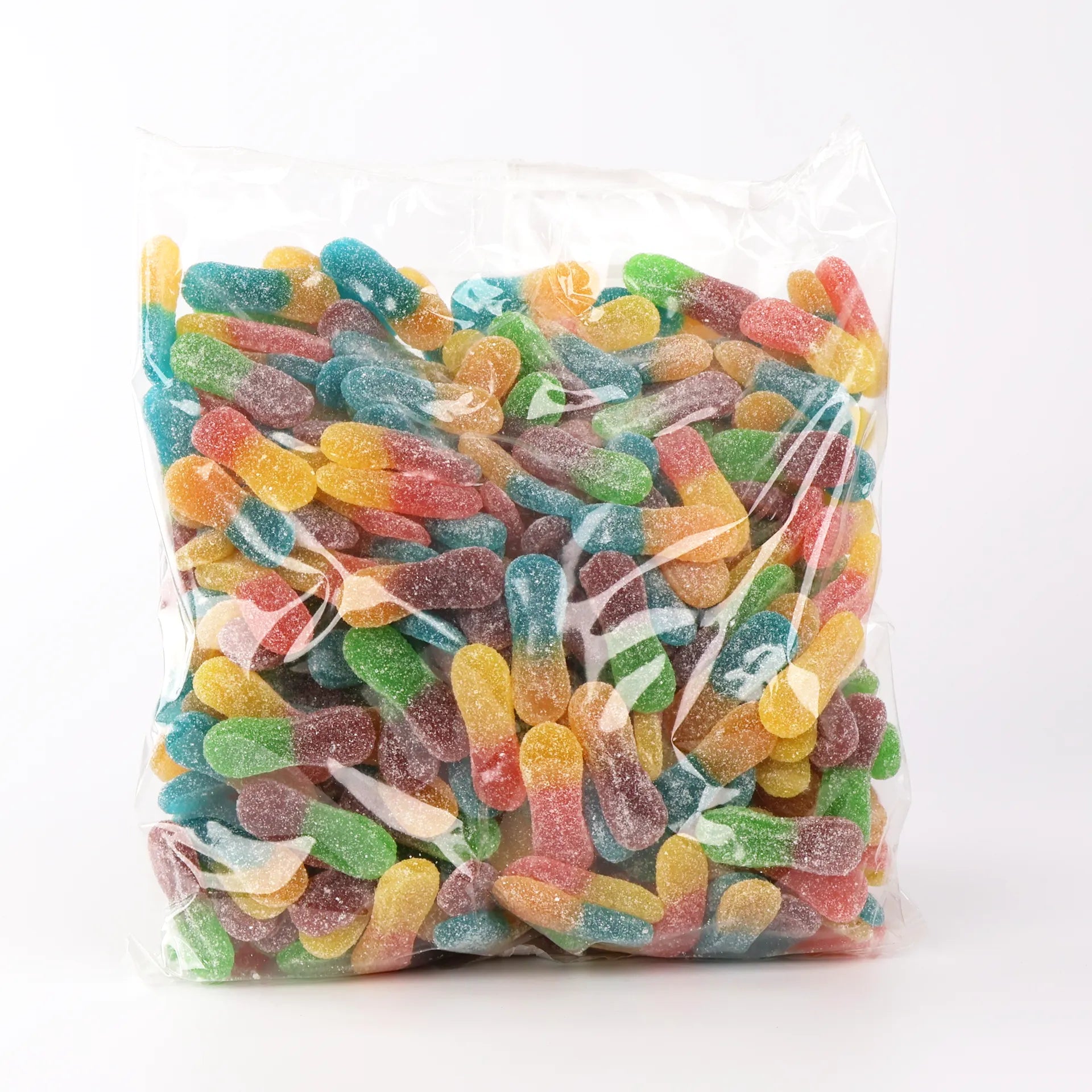 Grand sac transparent de 2 kg rempli de bonbons langues acides multicolores et acidulés.