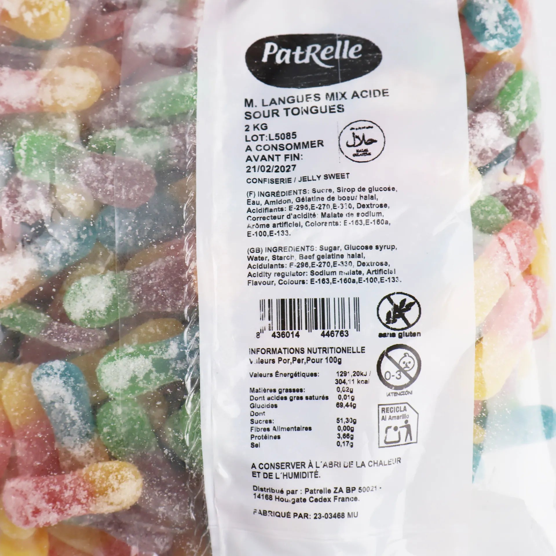 Zoom sur l'étiquette Patrelle du sac de 2 kg détaillant les ingrédients, les valeurs nutritionnelles et les logos de certification.
