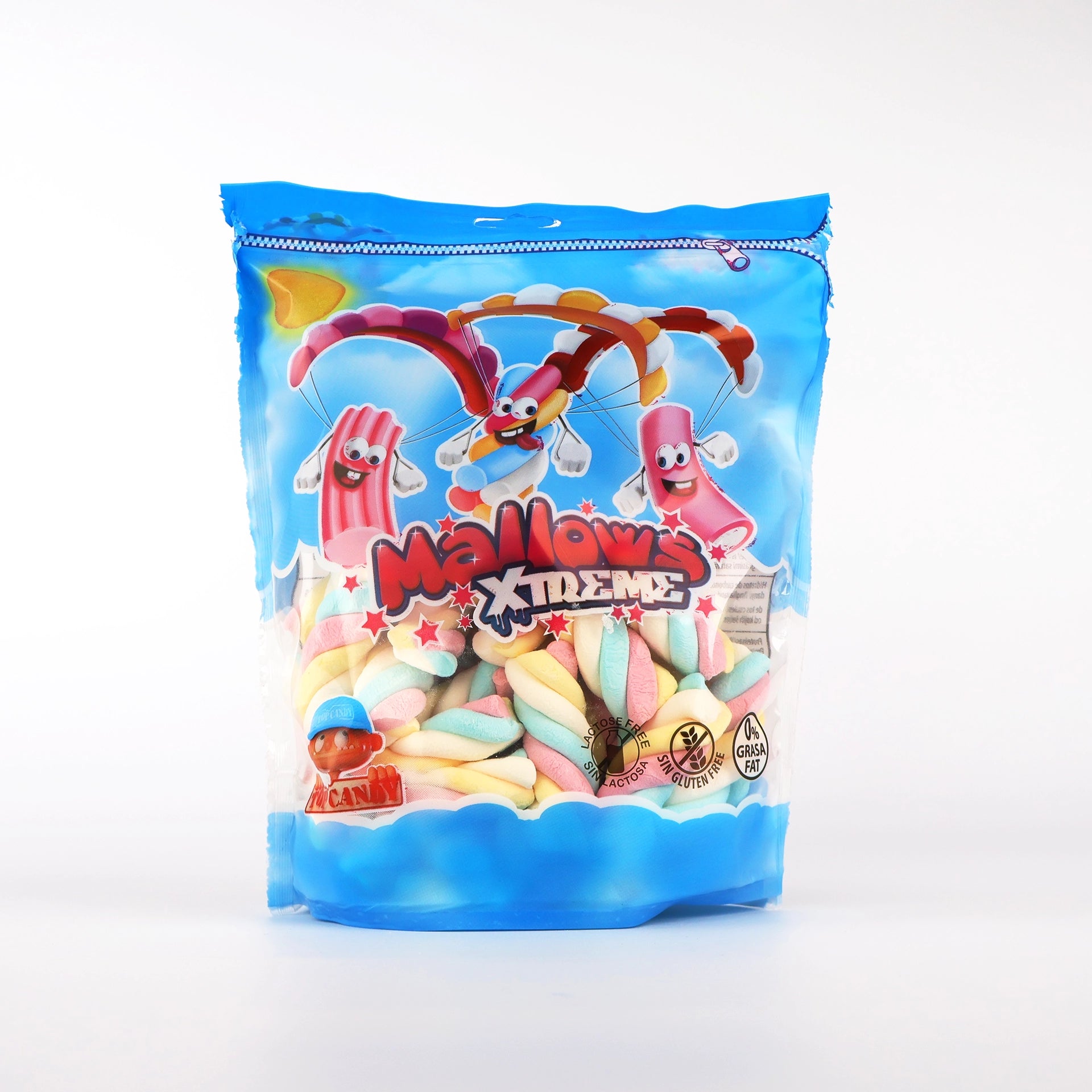 Sachet refermable bleu de 250g de guimauves torsadées "Mallows Xtreme" aux couleurs pastel rose, jaune et bleu.