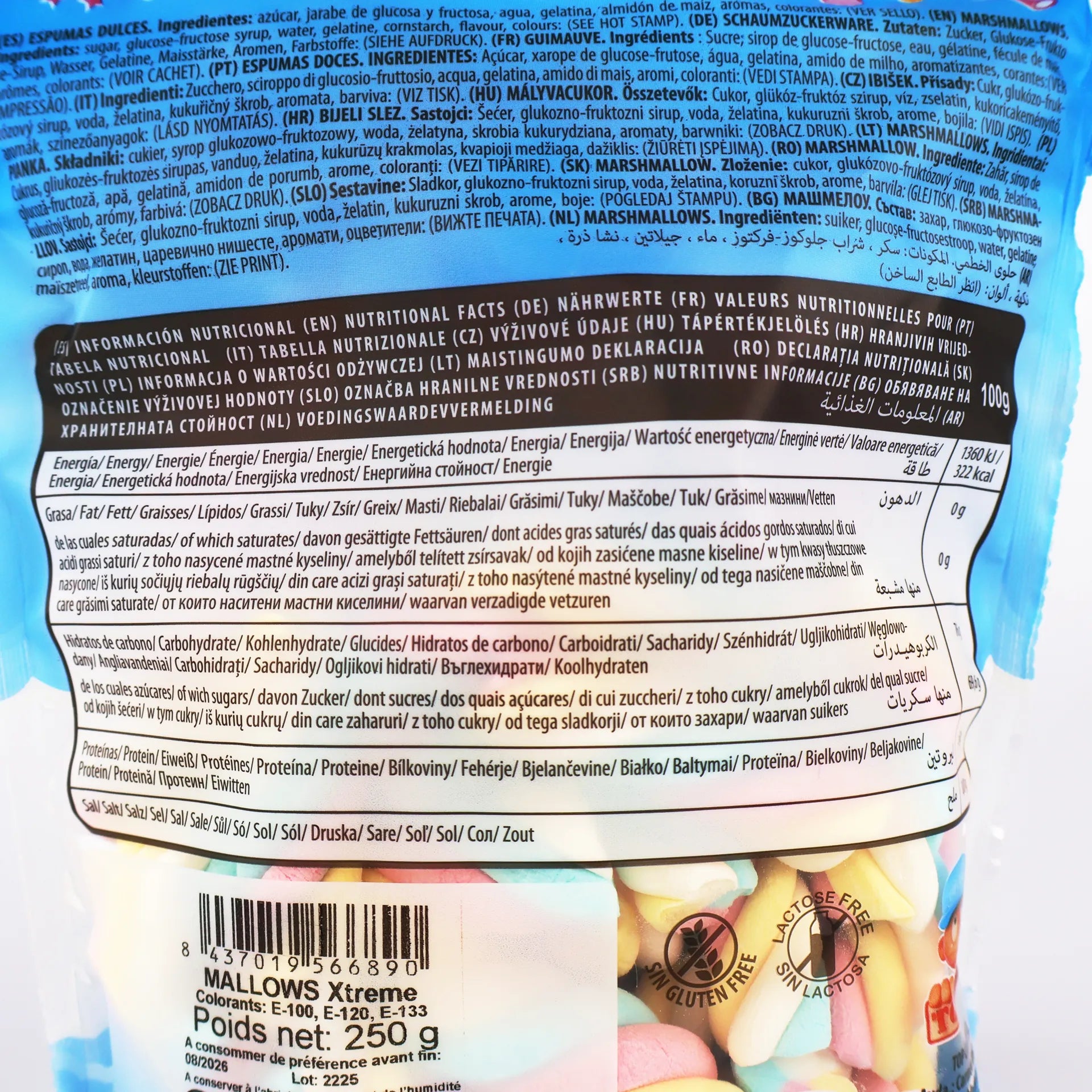 Vue arrière du sachet de guimauves détaillant les ingrédients, les valeurs nutritionnelles et les certifications sans gluten et sans allergènes.
