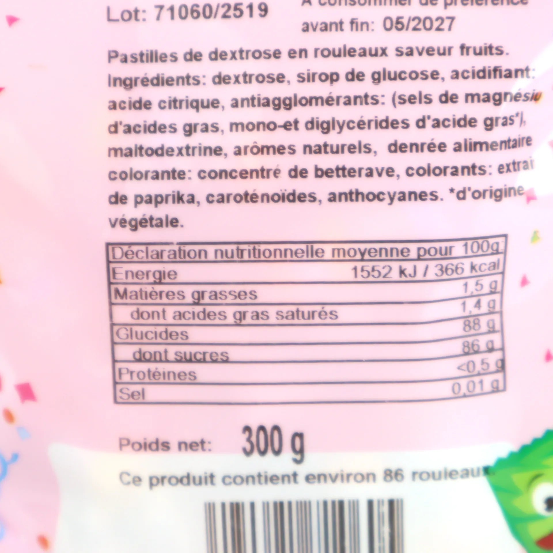 Détail de l'arrière du sachet de 300g présentant les valeurs nutritionnelles pour 100g et la mention sans gluten.