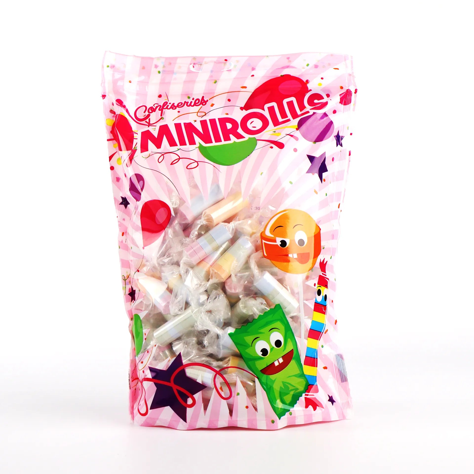 Sachet refermable rose de 300g de Mini Rolls, des bonbons croquants au dextrose emballés individuellement.