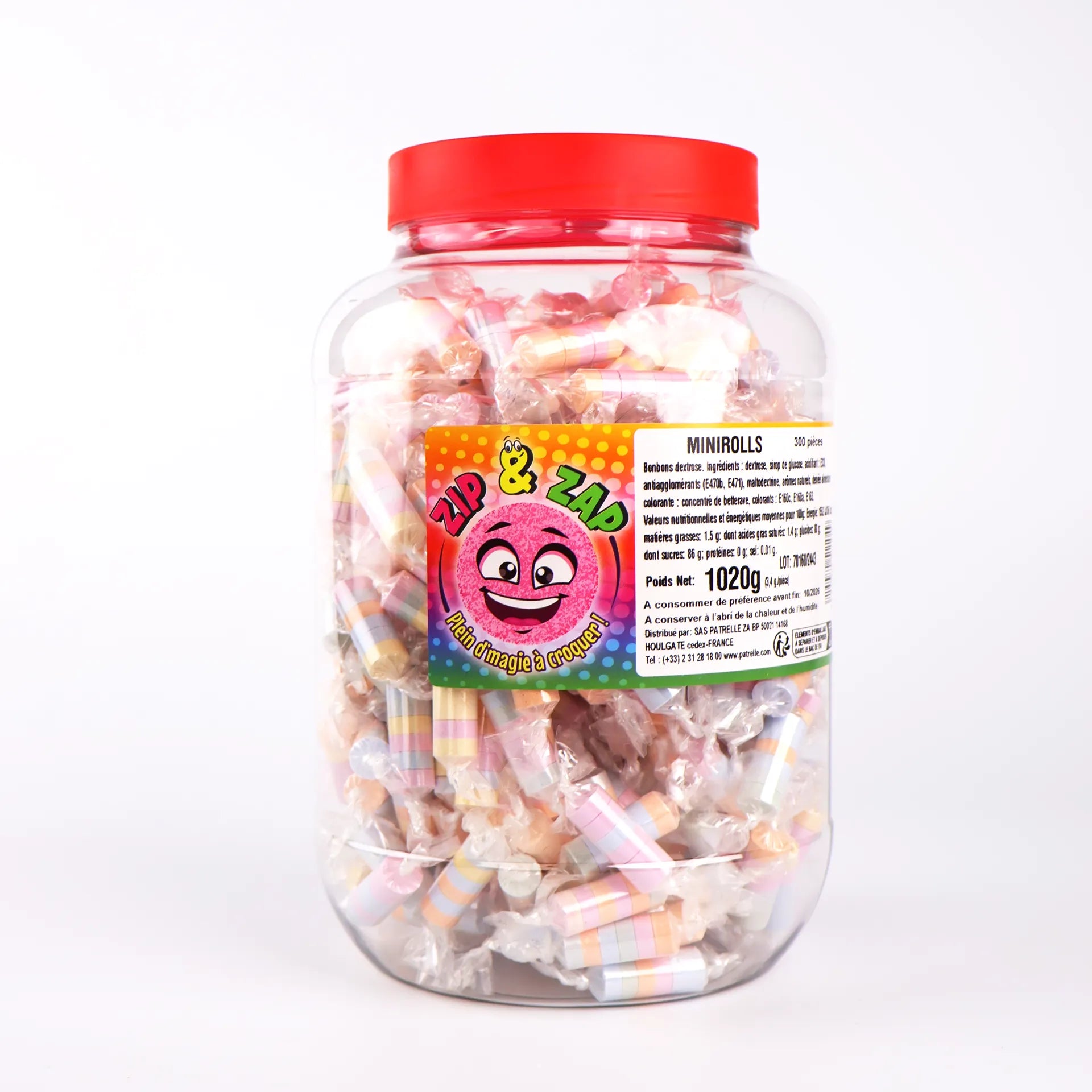 Grande boîte transparente refermable contenant 300 mini rolls, des bonbons croquants au dextrose emballés individuellement.