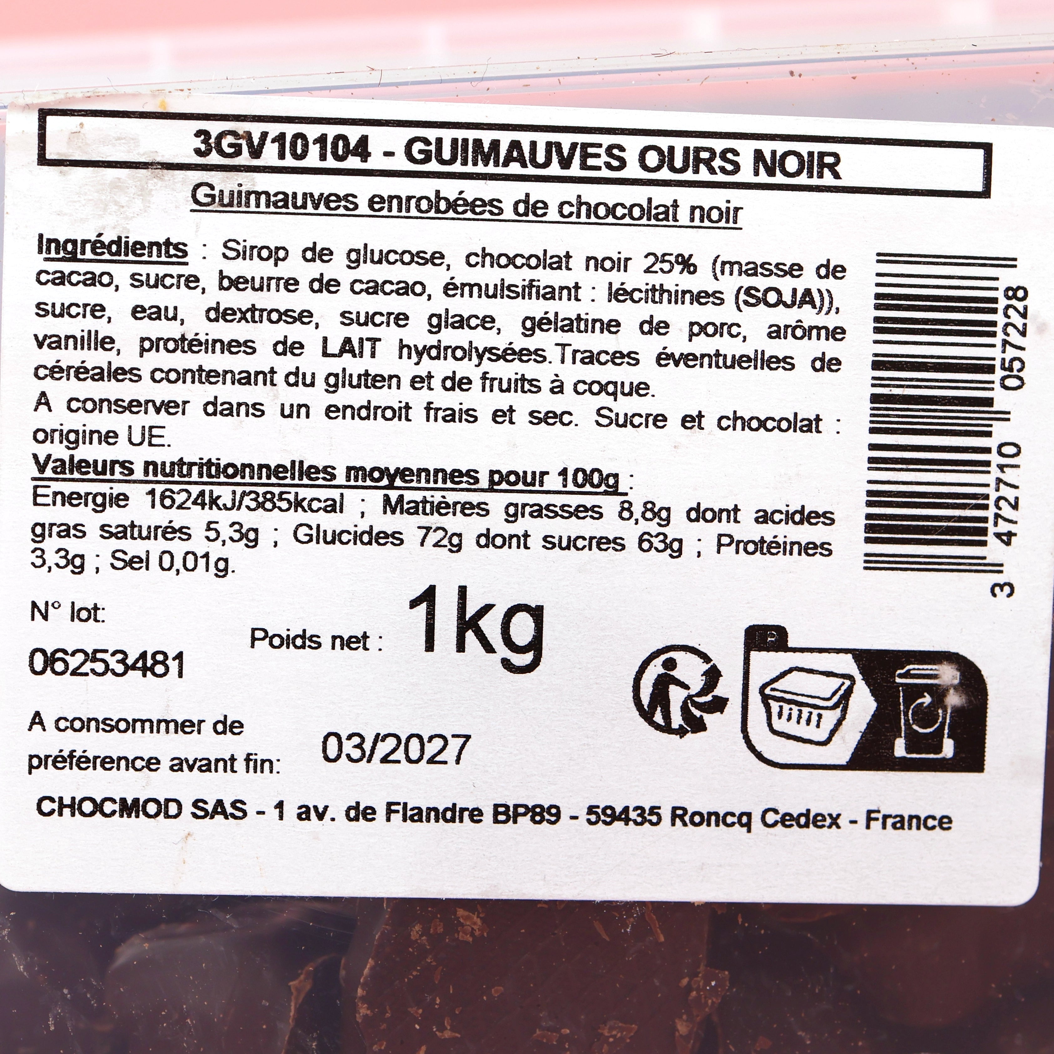 Vue détaillée de l'étiquette informative arrière avec liste des ingrédients, code-barres et format 1kg.
