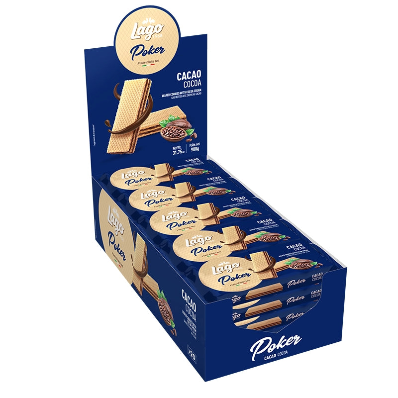 Boîte de présentation bleue contenant 20 unités de gaufrettes Poker Lago fourrées à la crème de cacao.