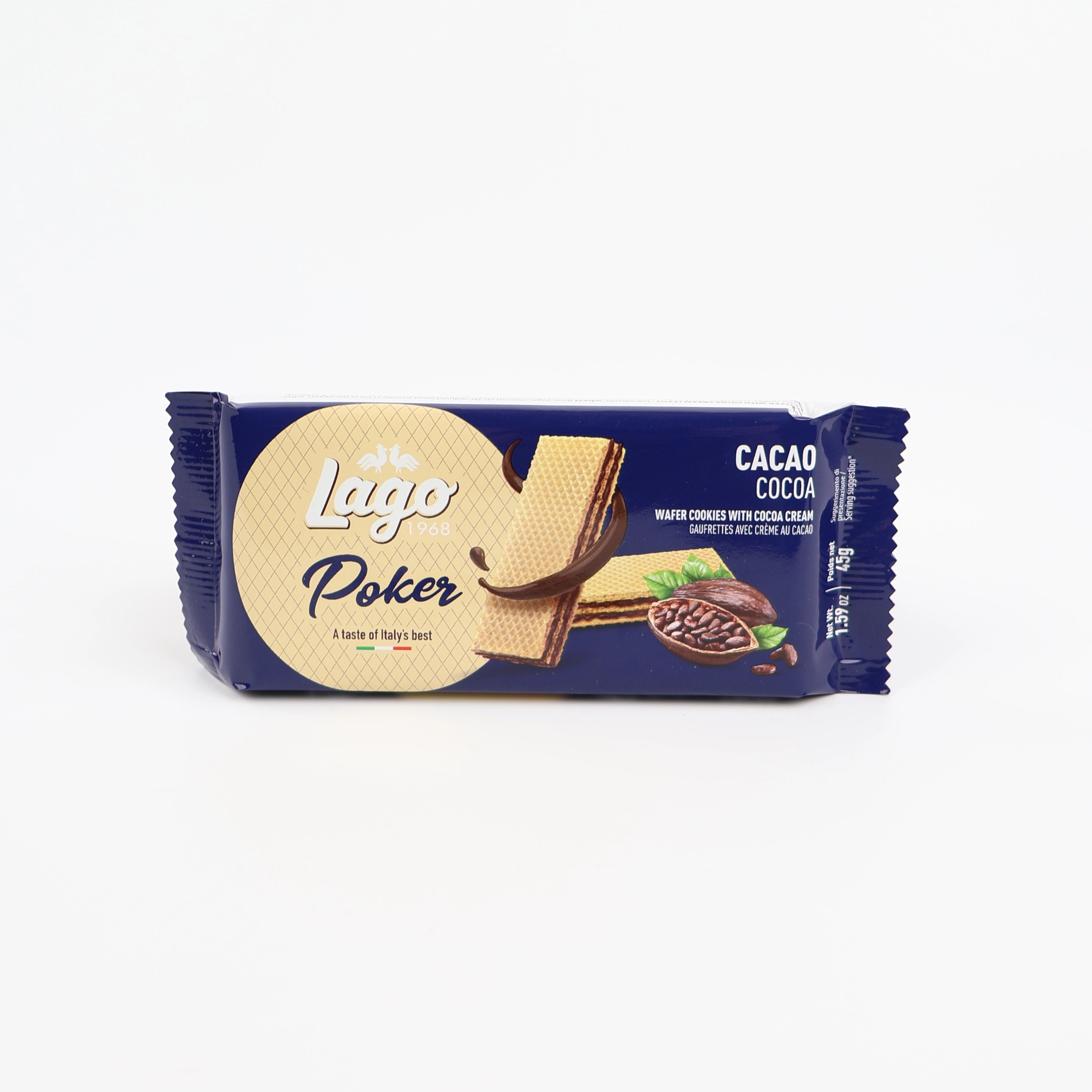 Paquet individuel de gaufrette Poker Cacao de 45g dans son emballage bleu.