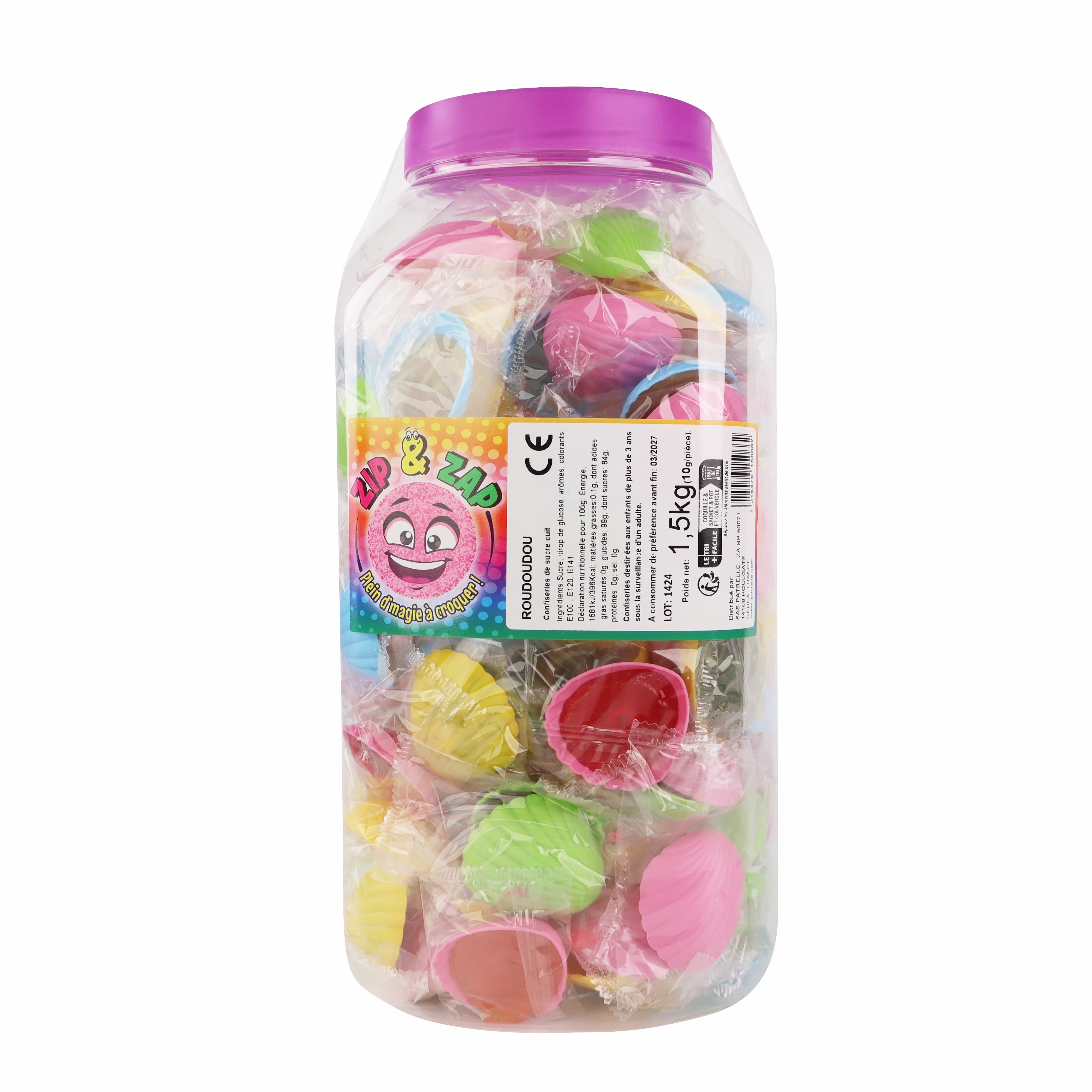 Grande boîte transparente de 1,5 kg contenant 150 roudoudous.