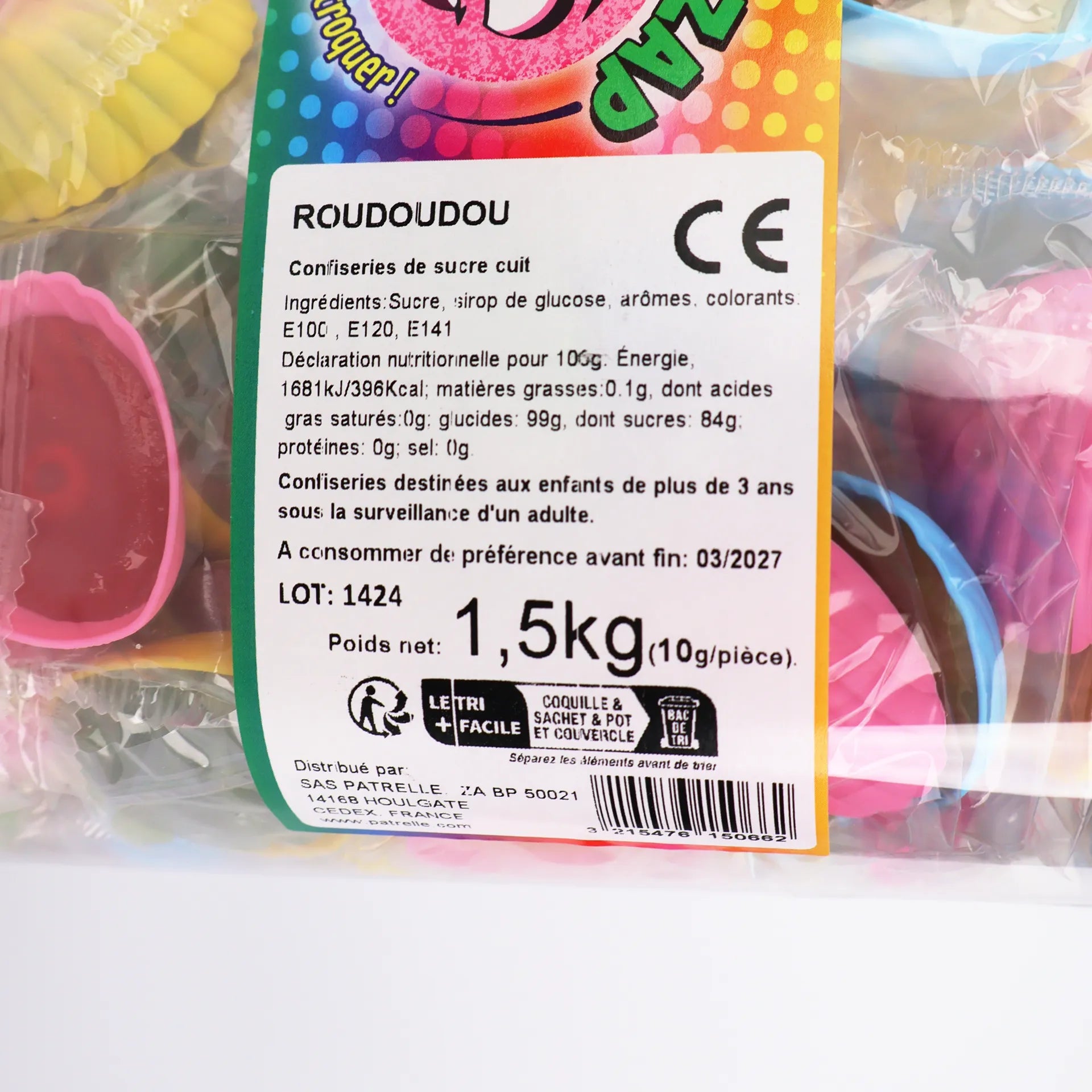 Détail de l'étiquette Zip & Zap indiquant le poids net de 1,5 kg.