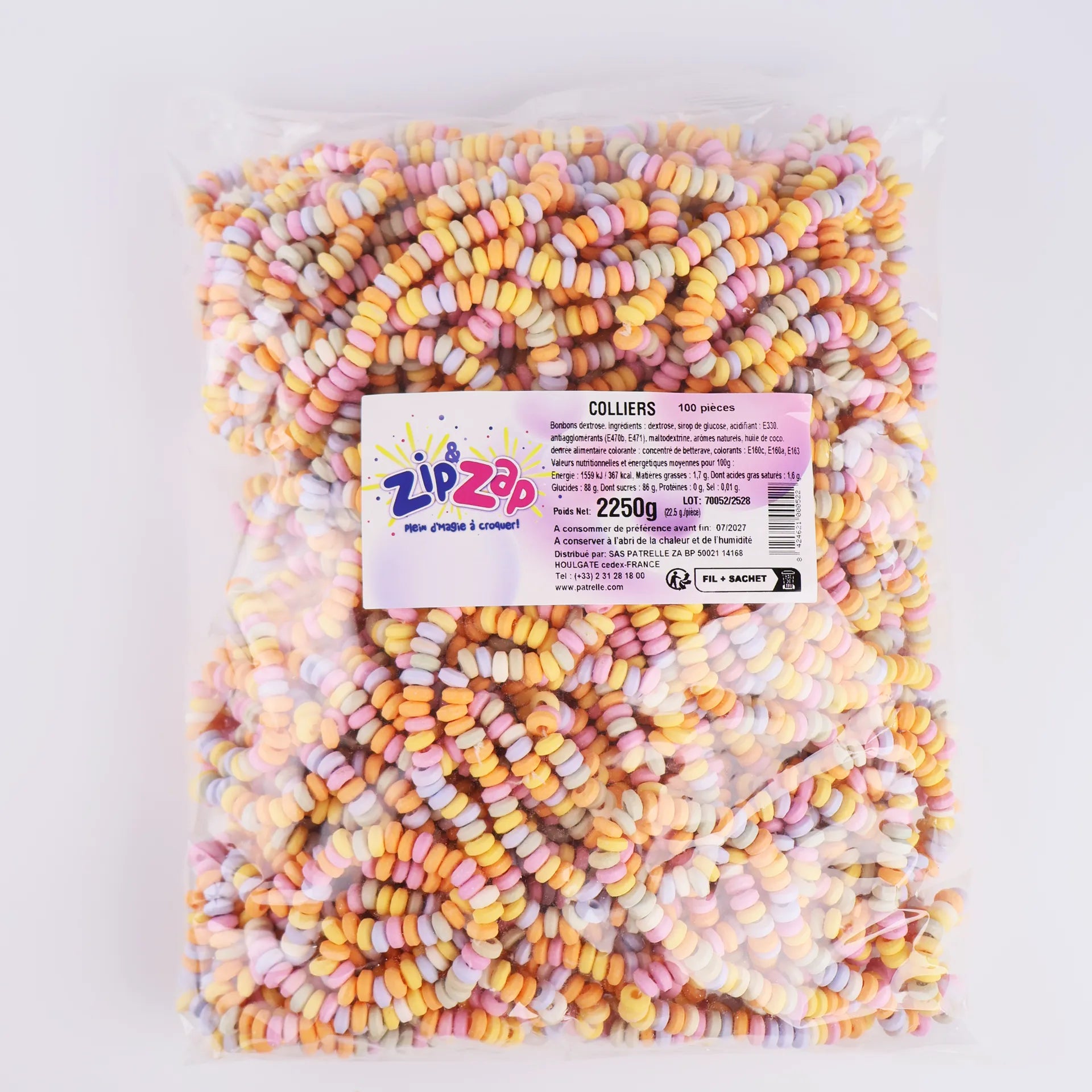Grand sachet transparent contenant 100 colliers de bonbons multicolores Zip & Zap.