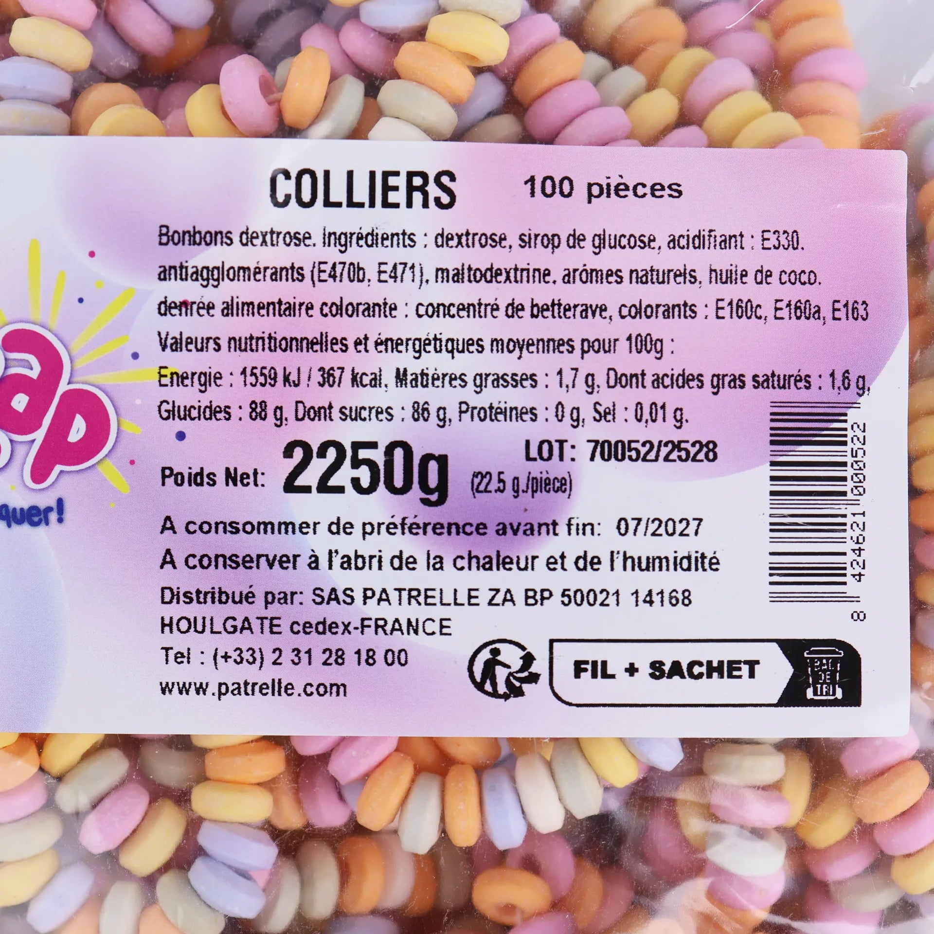 Zoom sur l'étiquette Zip & Zap indiquant un poids net de 2250g et les informations nutritionnelles.