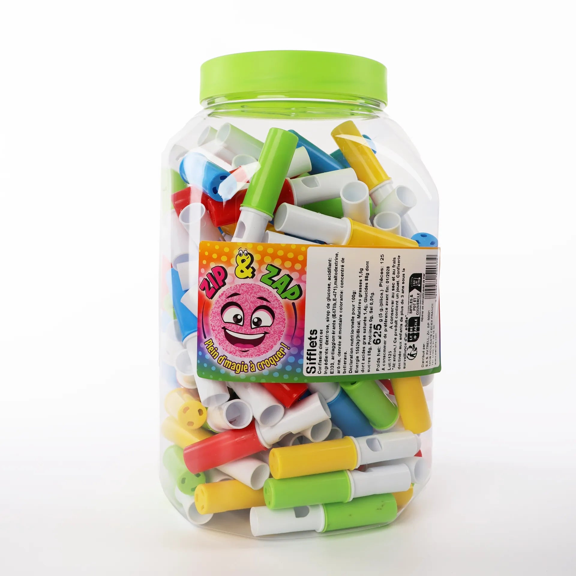 Pot transparent Zip & Zap rempli de sifflets de dextrose multicolores avec couvercle vert.