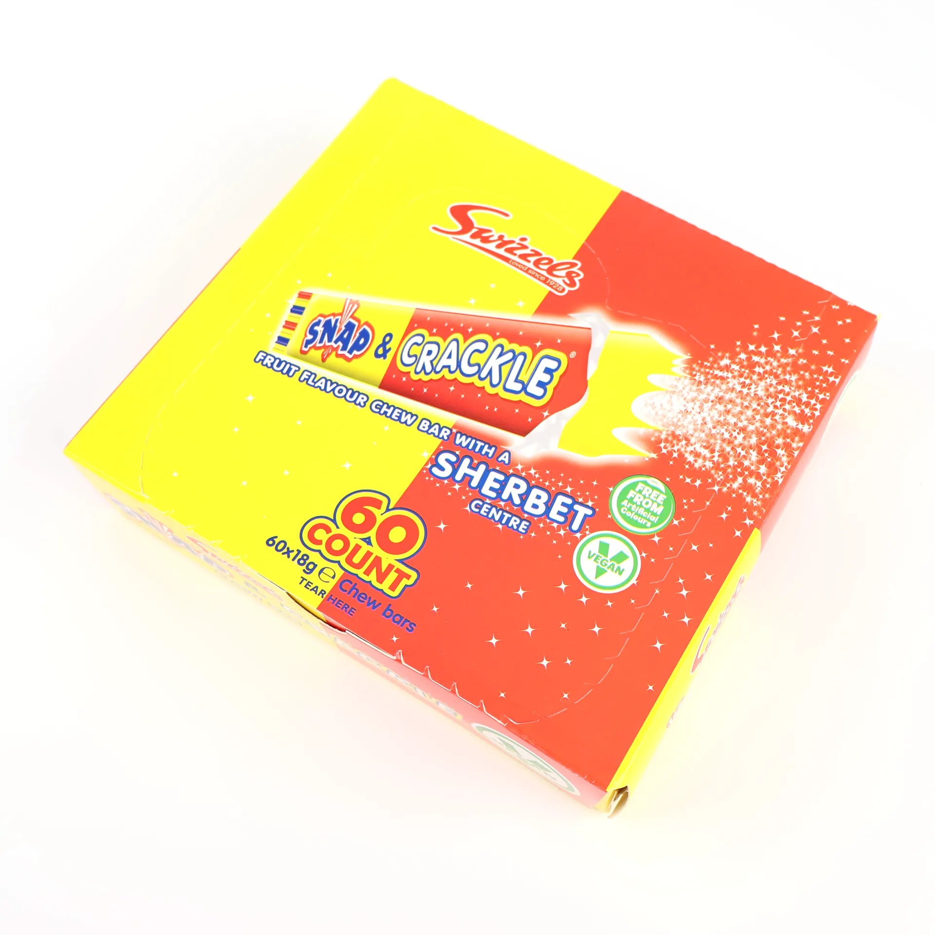 Boîte de 60 barres Snap & Crackle Swizzels aux couleurs jaune et rouge.