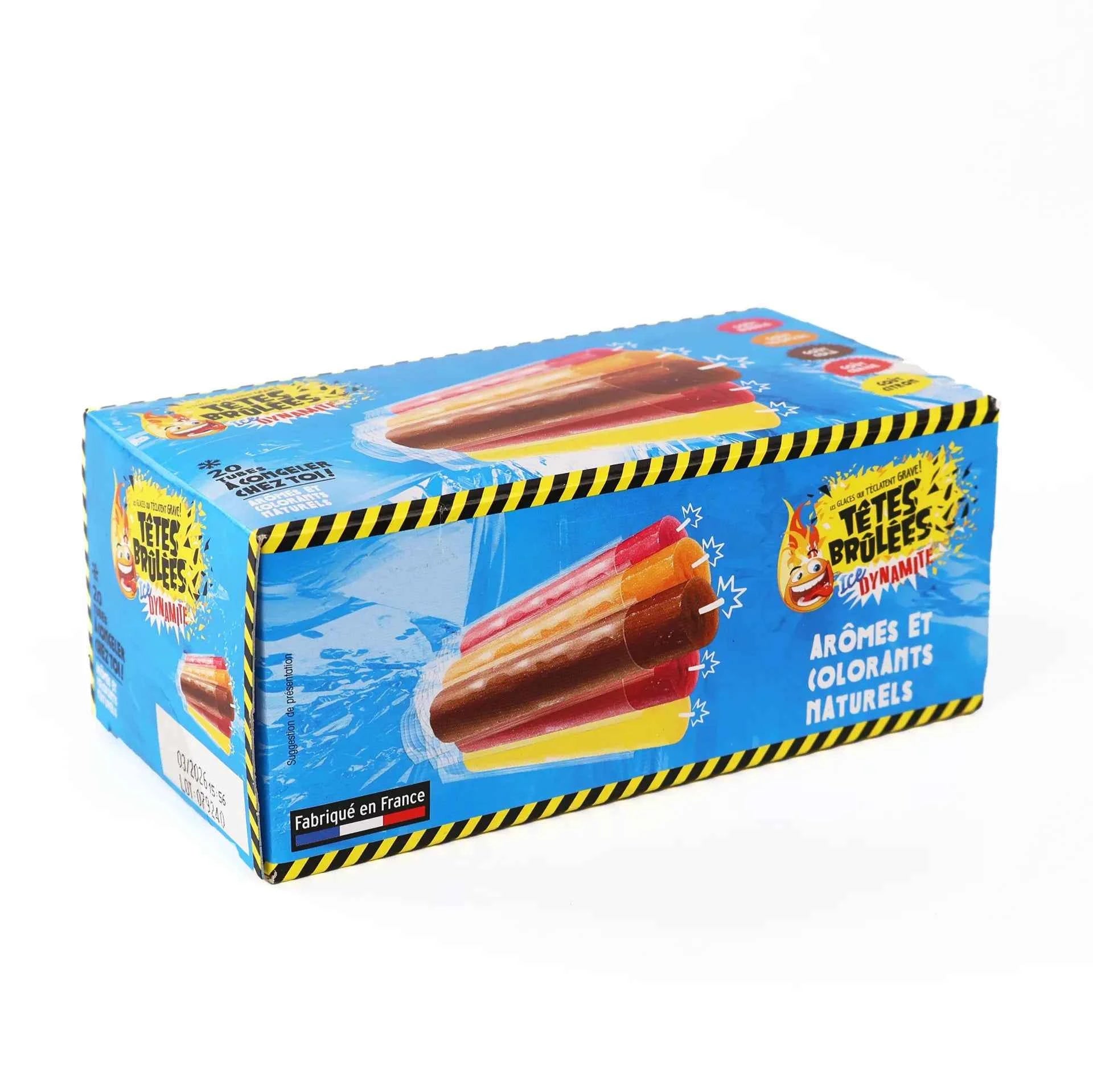 Boîte bleue de 20 fusettes glacées Têtes Brûlées Ice Dynamite aux arômes et colorants naturels.