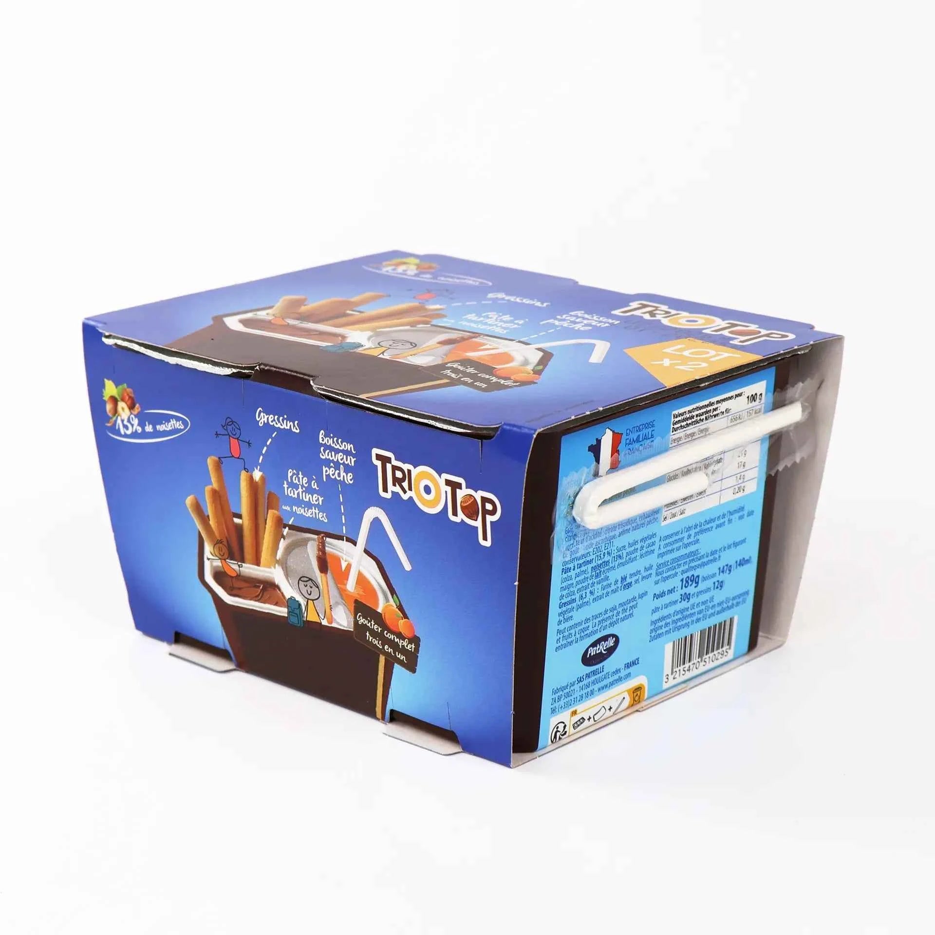 Pack Trio Top bleu contenant deux goûters avec gressins, pâte à tartiner et boisson saveur pêche.
