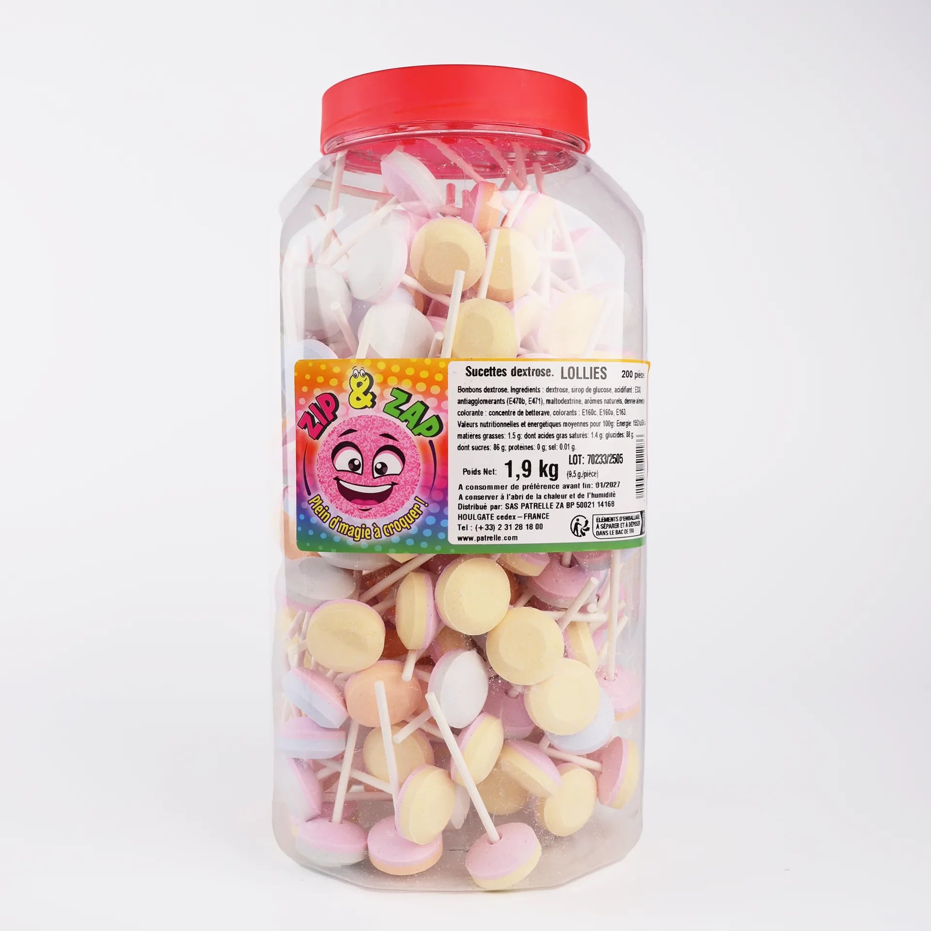 Grande boîte transparente refermable contenant 200 sucettes en dextrose Zip & Zap aux couleurs pastel.