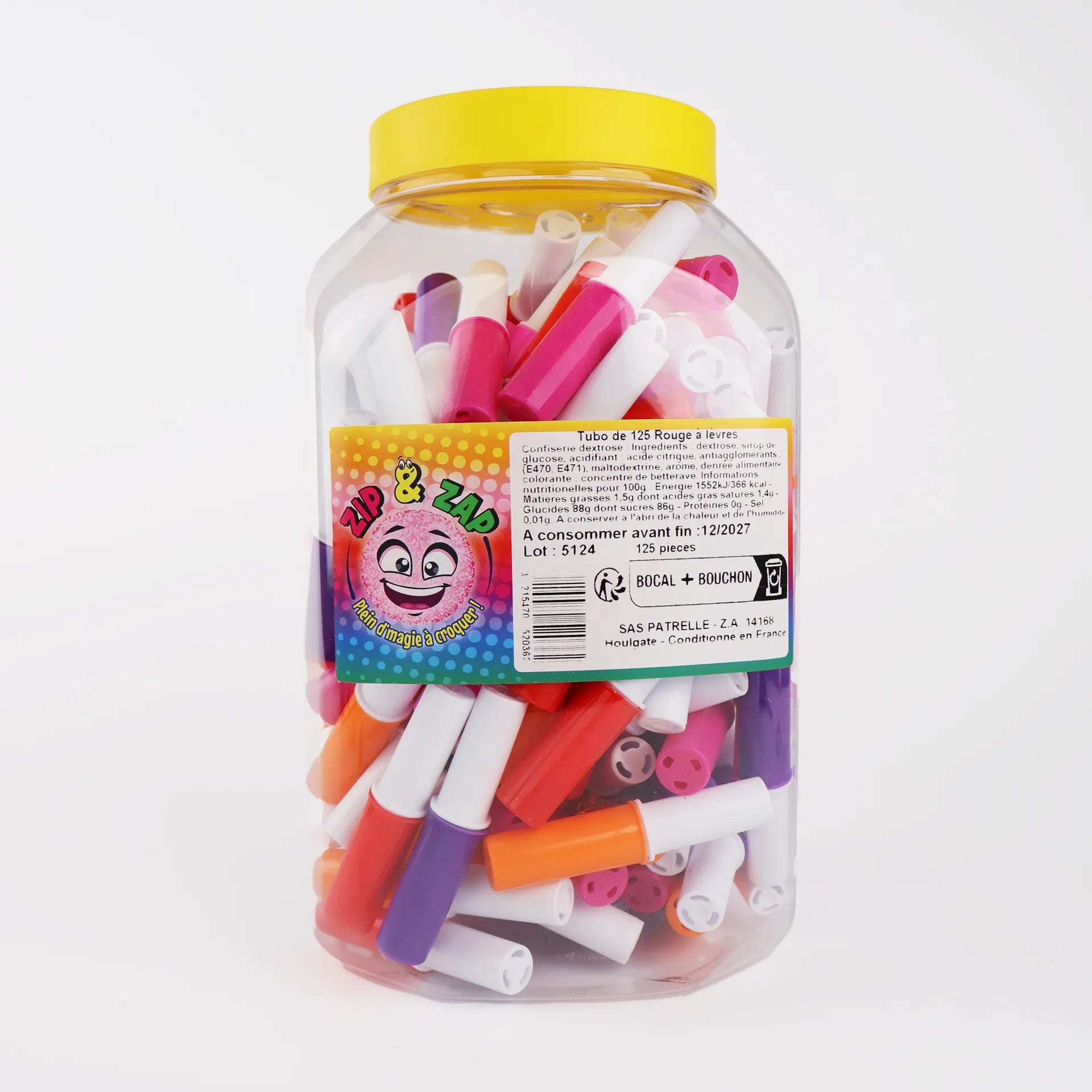 Grande boîte transparente refermable de 125 rouges à lèvres en bonbon aux couleurs vives (rose, rouge, orange, violet).